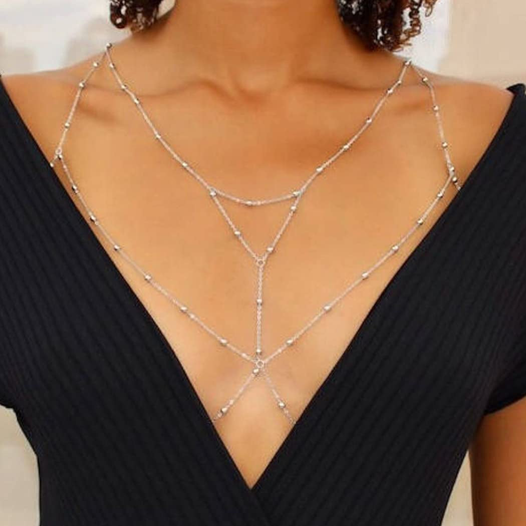 Dreamyn Boho Rhinestones Body Chain Silver Crystal Bikini Chains Summer Beach Bra Body Jewelry for Women and Girls (Silver) Apparel & Accessories > Jewelry > Body Jewelry Dreamin