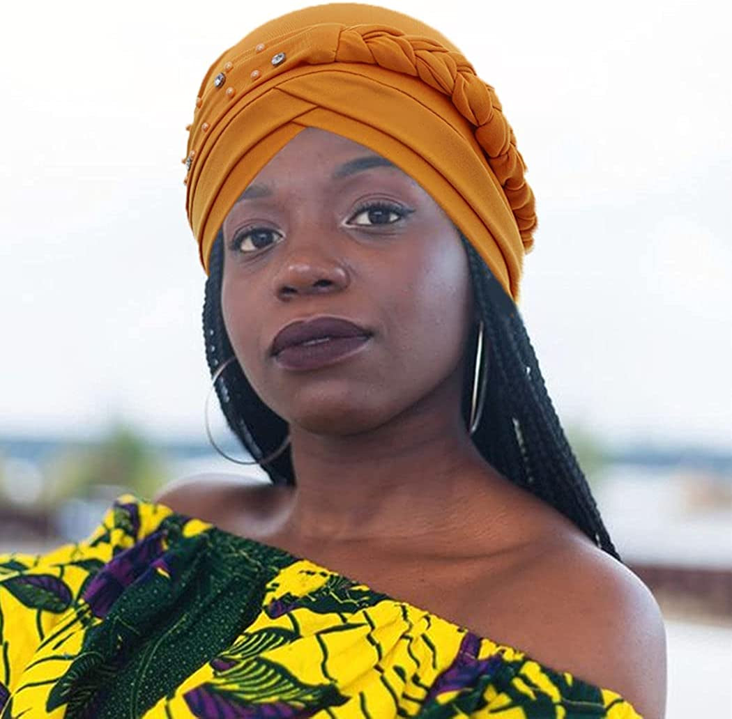 Woeoe Crystal African Head Wrap Yellow Elastic Turban Head Cover for Women and Girls Apparel & Accessories > Clothing Accessories > Headwear Woeoe