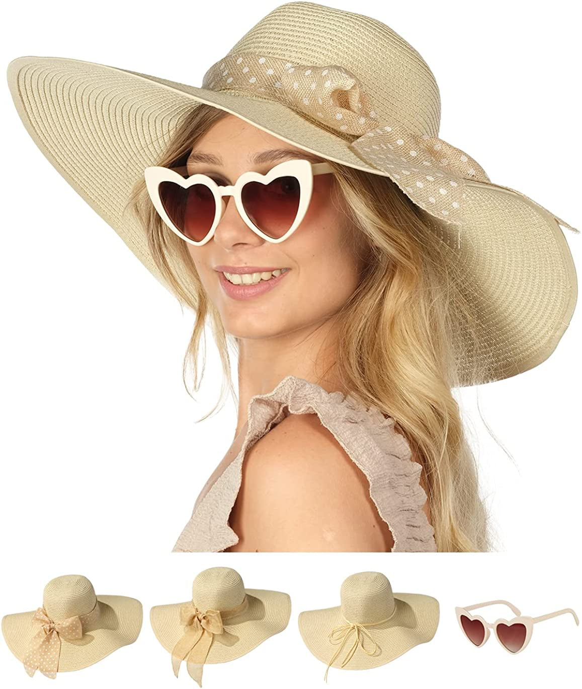 Funcredible Wide Brim Sun Hats for Women - Floppy Straw Hat with Heart Shape Glasses Apparel & Accessories > Clothing Accessories > Hats Funcredible Beige