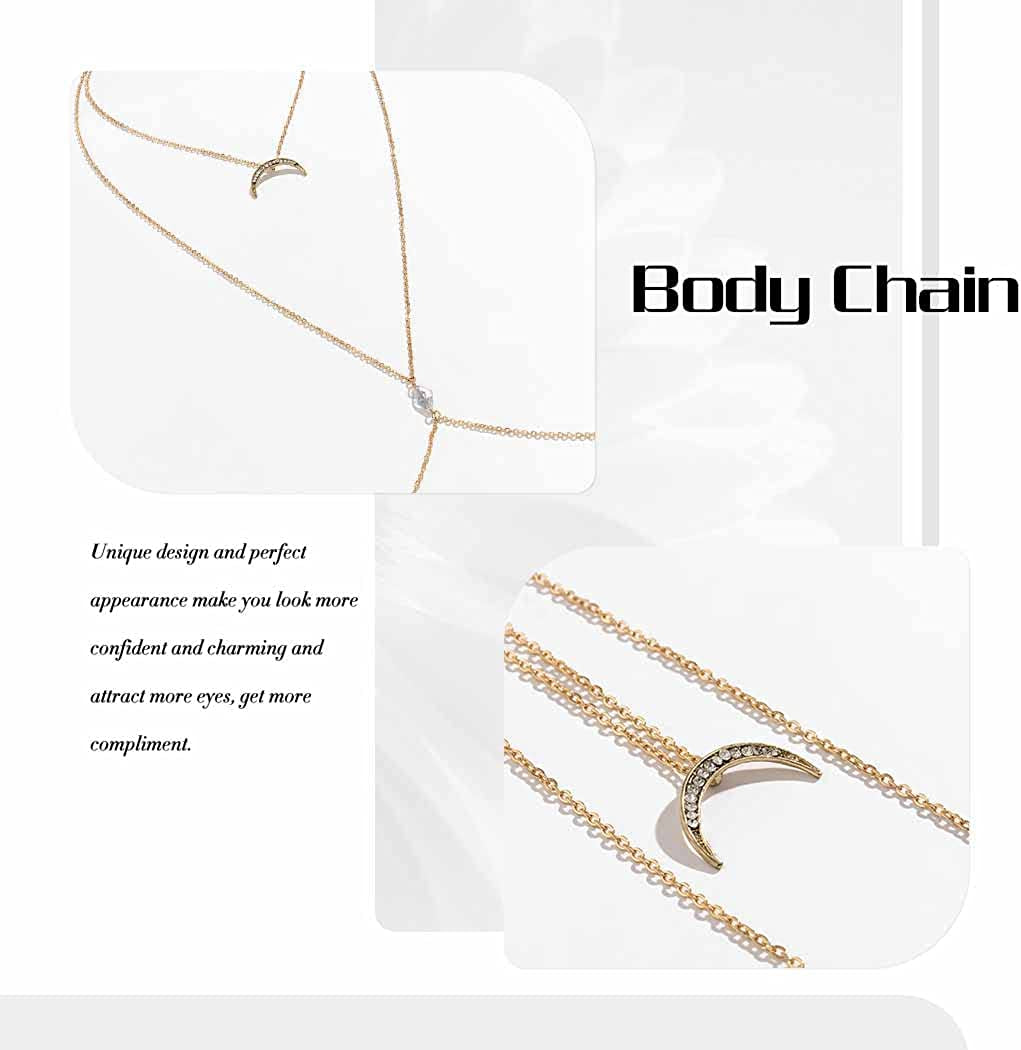 Sakytal Gold Body Chain Layered Moon Bra Bikini Chain Rhinestone Sexy Nightclub Body Jewelry for Women and Girls Apparel & Accessories > Jewelry > Body Jewelry Sakytal