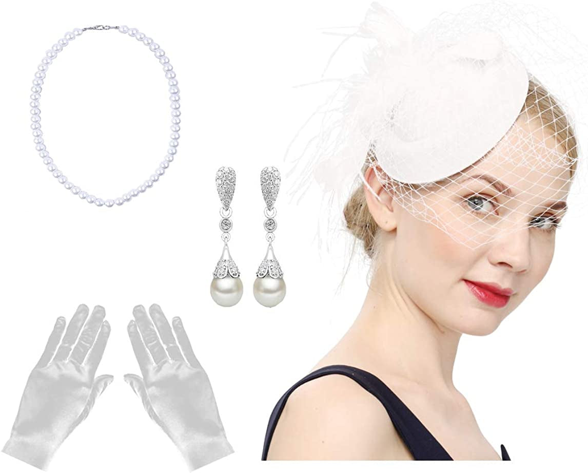 Fascinators Hats 20S 50S Hat Pillbox Hat Cocktail Tea Party Headwear with Veil for Girls and Women Apparel & Accessories > Clothing Accessories > Headwear Cizoe B-white Set