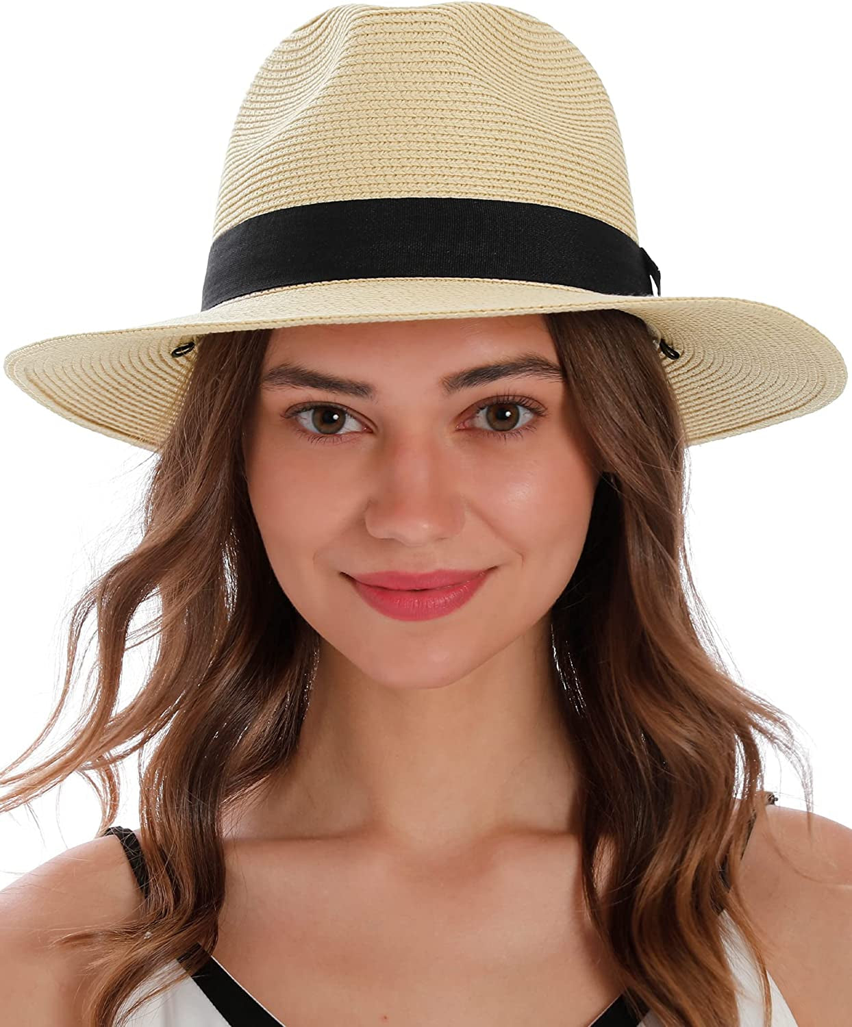 Simplicity Mens Women'S Wide Brim Straw Panama Sun Hat Apparel & Accessories > Clothing Accessories > Hats Simplicity Beige_ Black Belt