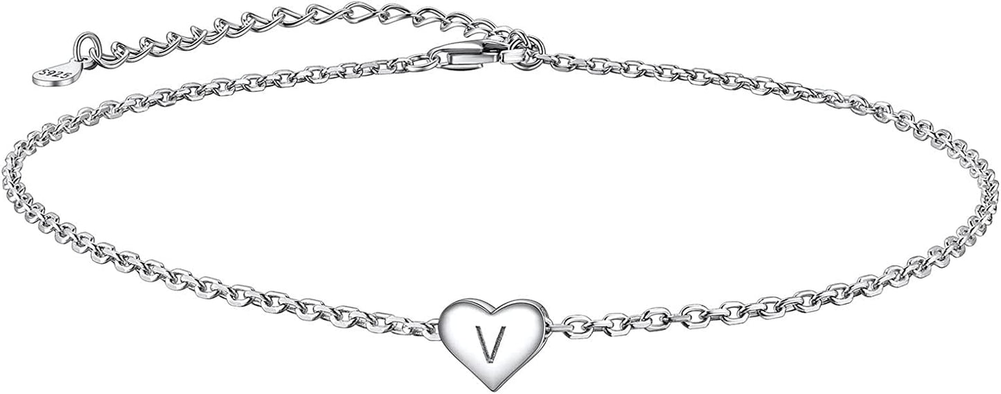 Suplight 925 Sterling Silver A-Z Initial Heart Anklets, Dainty Ankle Bracelets Beach Jewelry for Women Girls (With Gift Box) Apparel & Accessories > Jewelry > Anklets Suplight Jewelry V