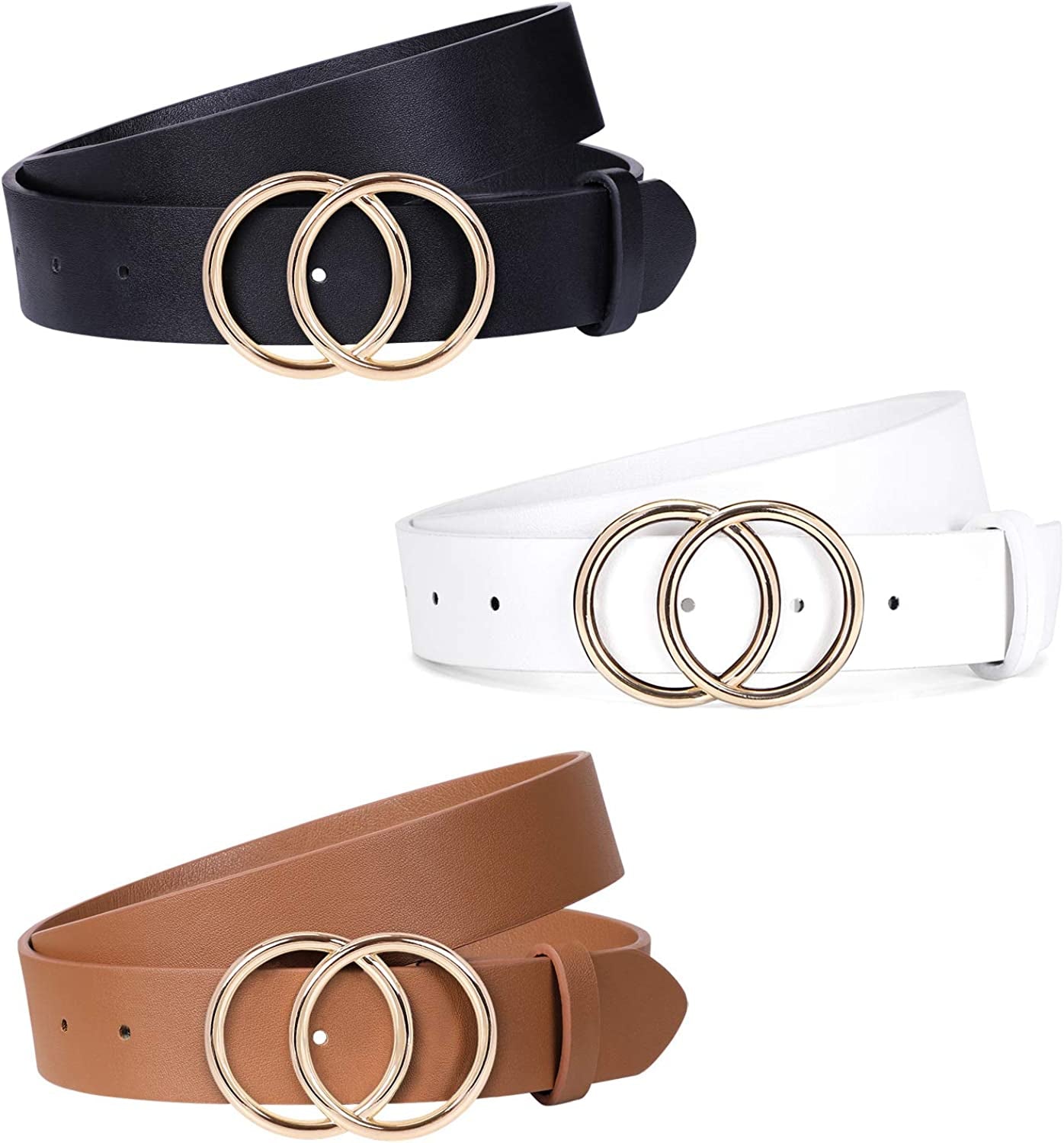JASGOOD 3 Pack Women Leather Belt for Jeans Pants, Ladies Waist Belts with Double O-Ring Buckle Apparel & Accessories > Clothing Accessories > Belts KYLIE MAX H-black+brown+white Fit Pants Size 35"-39"