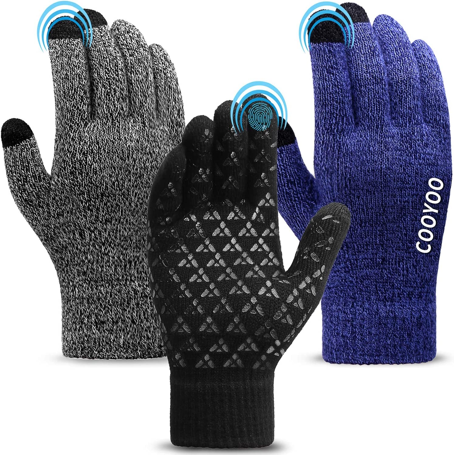 Winter Gloves for Women and Men 1/2/3 Pairs,Upgraded Touch Screen Gloves,Anti-Slip Silicone Gel- Thermal Soft Wool Lining Apparel & Accessories > Clothing Accessories > Gloves & Mittens COOYOO 13-3 Pairs(black/Grey/Blue) Medium