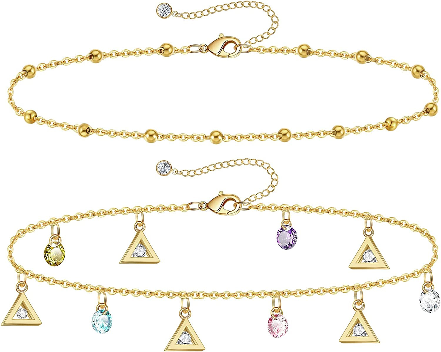 Gold Ankle Bracelets for Women 14K Gold Plated Anklet Silver Tennis Rose Quartz Cross Bead Herringbone Snake Paperclip Chain Cubic Zirconia Dainty Layered Anklet Set 3Pcs Apparel & Accessories > Jewelry > Anklets WeSparking ZG-Yellow Gold-Triangle