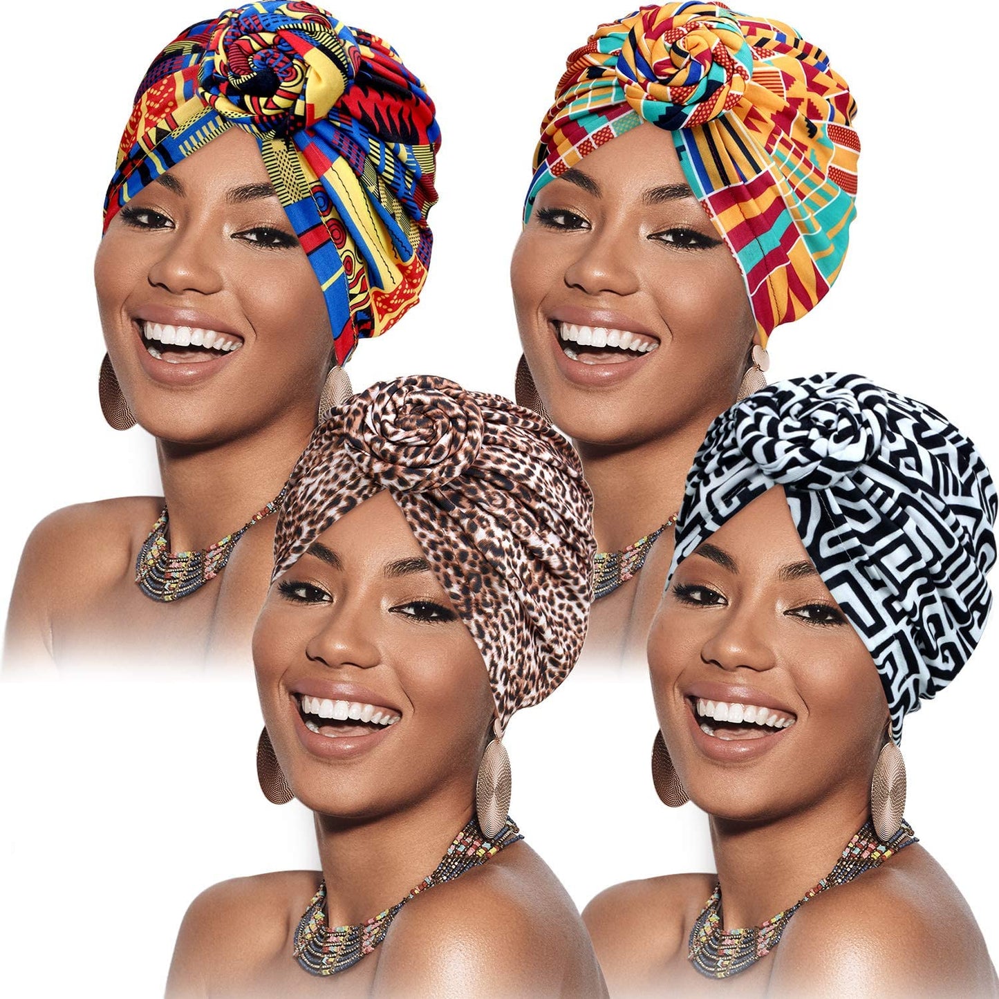 SATINIOR 4 Pieces African Pattern Headwrap Pre-Tied Bonnet Turban Knot Beanie Cap Headwrap Hat Apparel & Accessories > Clothing Accessories > Headwear SATINIOR Geometry Leopard Coffee Style