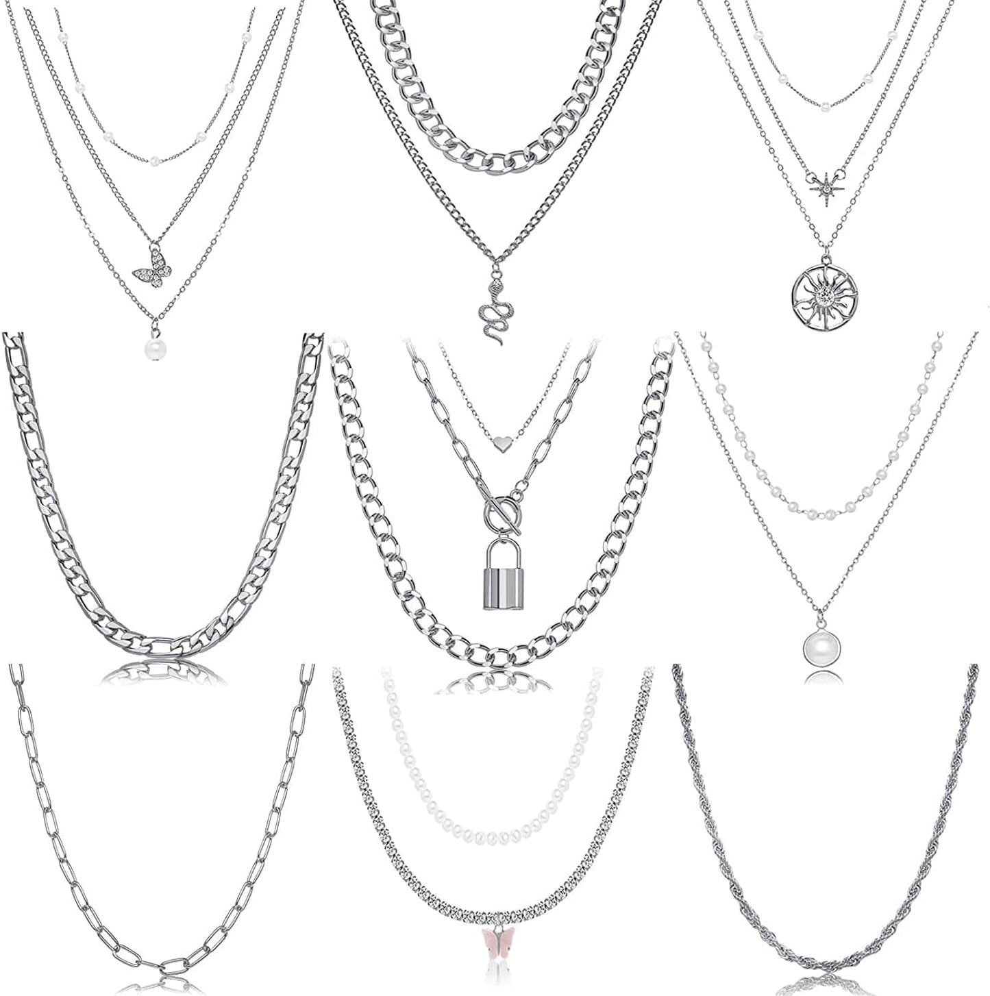 9PCS Gold Layered Chain Necklace for Women Girls, Gold Necklace Set,Y Pendant Necklaces, Pearl Choker Necklace, Chunky Dainty Y2K Goth Lock Coin Butterfly Snake Sun Link Choker Necklace Gold Plated Jewelry 2-style 2 Butterfly&Link Chain&Pearls&Snake&Silver
