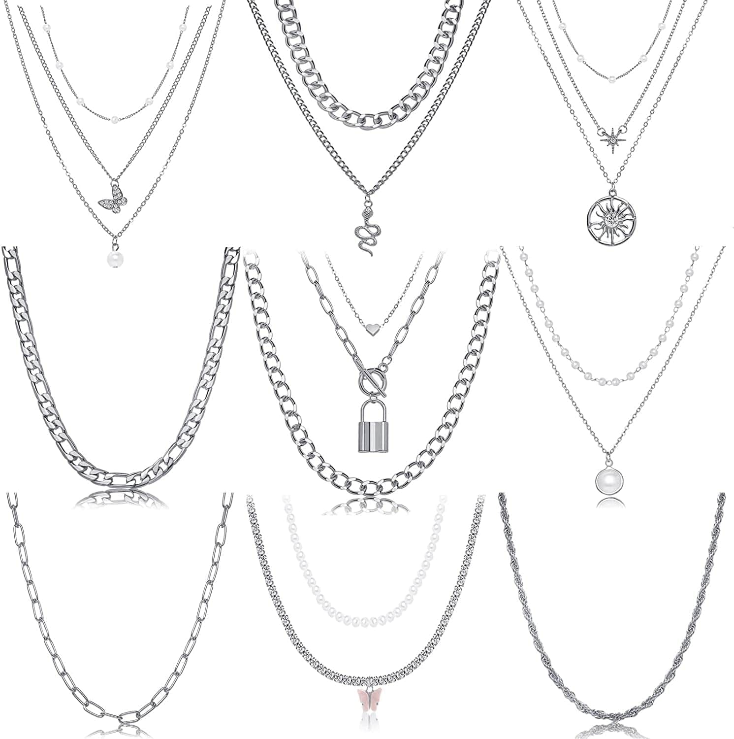 9PCS Gold Layered Chain Necklace for Women Girls, Gold Necklace Set,Y Pendant Necklaces, Pearl Choker Necklace, Chunky Dainty Y2K Goth Lock Coin Butterfly Snake Sun Link Choker Necklace Gold Plated Jewelry 2-style 2 Butterfly&Link Chain&Pearls&Snake&Silver