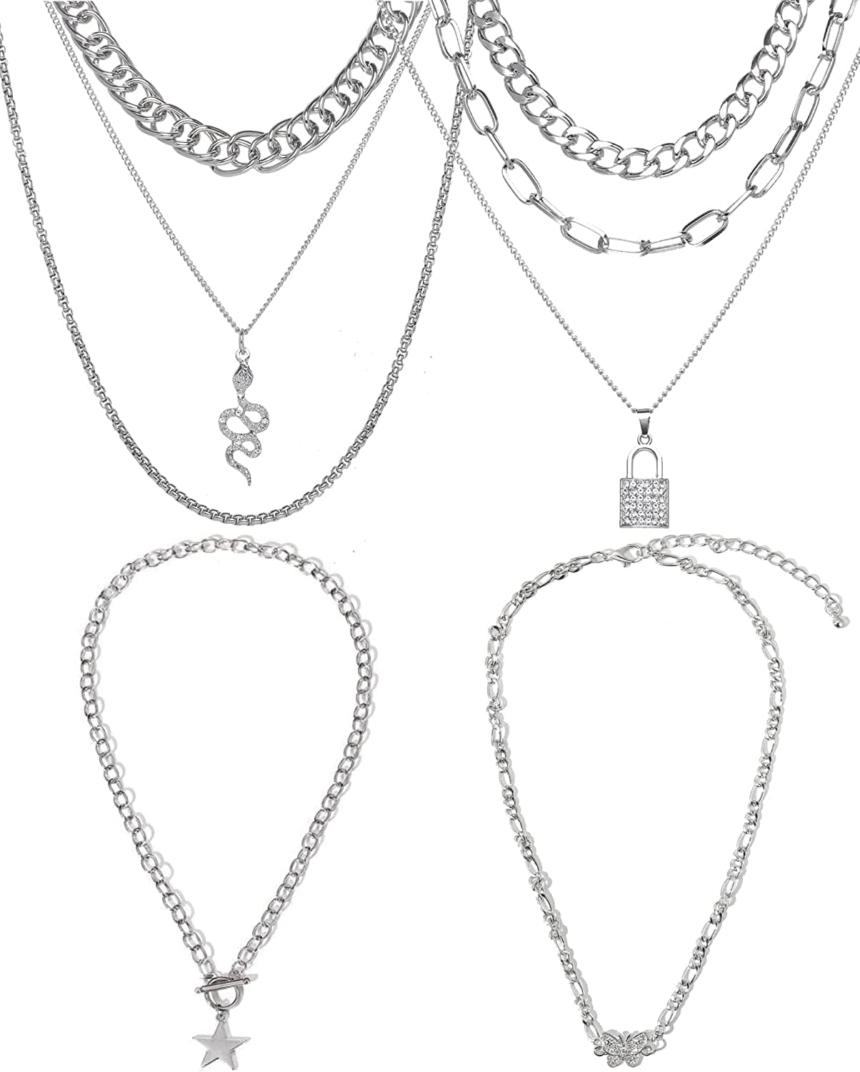 9PCS Gold Layered Chain Necklace for Women Girls, Gold Necklace Set,Y Pendant Necklaces, Pearl Choker Necklace, Chunky Dainty Y2K Goth Lock Coin Butterfly Snake Sun Link Choker Necklace Gold Plated Jewelry 4-style 5 Star&Chain&lock&snake&silver