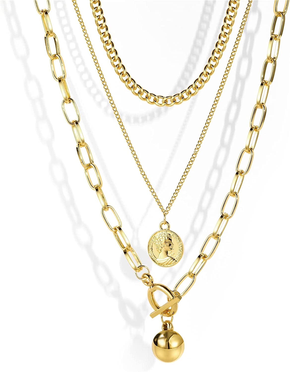 9PCS Gold Layered Chain Necklace for Women Girls, Gold Necklace Set,Y Pendant Necklaces, Pearl Choker Necklace, Chunky Dainty Y2K Goth Lock Coin Butterfly Snake Sun Link Choker Necklace Gold Plated Jewelry 13-style bead&coin& Layered