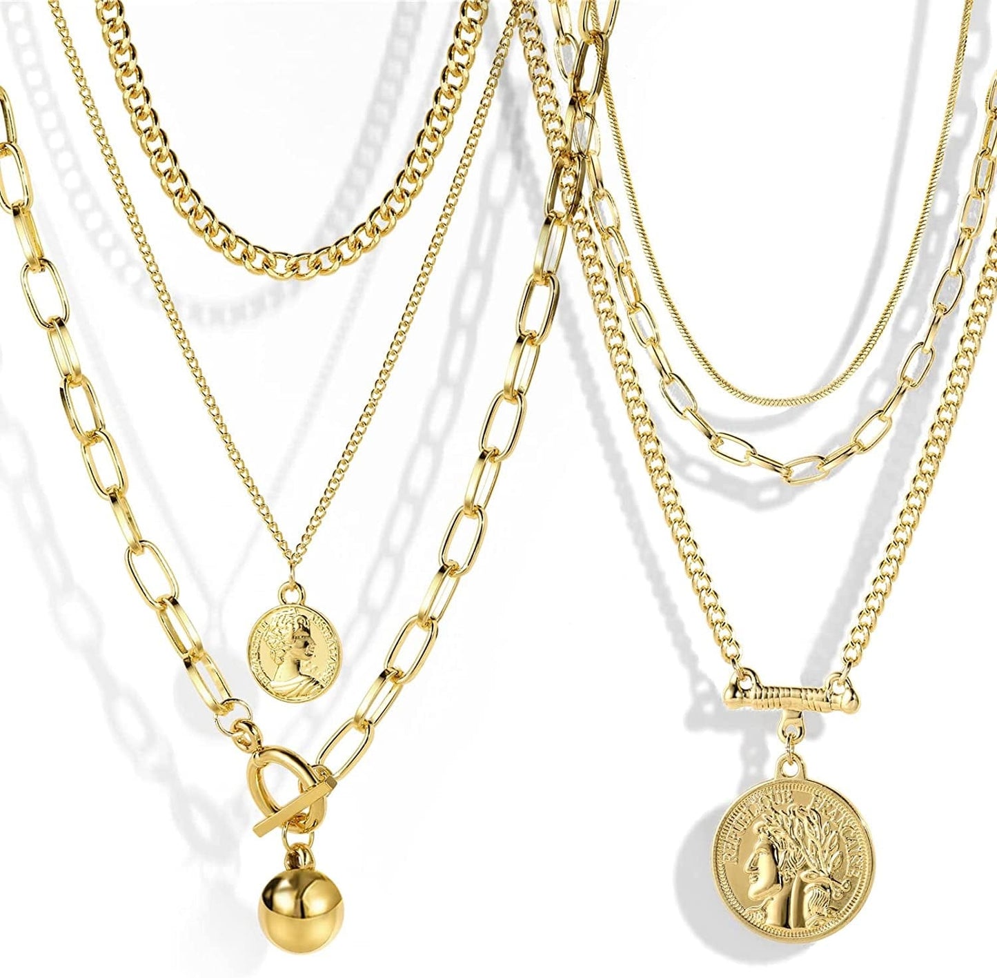 9PCS Gold Layered Chain Necklace for Women Girls, Gold Necklace Set,Y Pendant Necklaces, Pearl Choker Necklace, Chunky Dainty Y2K Goth Lock Coin Butterfly Snake Sun Link Choker Necklace Gold Plated Jewelry 8-style 23 Coin& bead&links