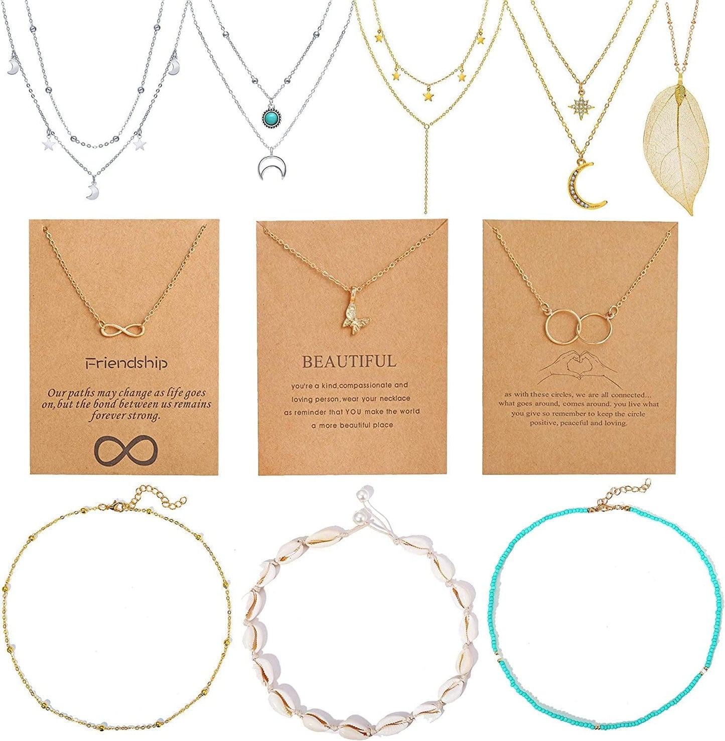 9PCS Gold Layered Chain Necklace for Women Girls, Gold Necklace Set,Y Pendant Necklaces, Pearl Choker Necklace, Chunky Dainty Y2K Goth Lock Coin Butterfly Snake Sun Link Choker Necklace Gold Plated Jewelry 9-style bead&leaf&moon