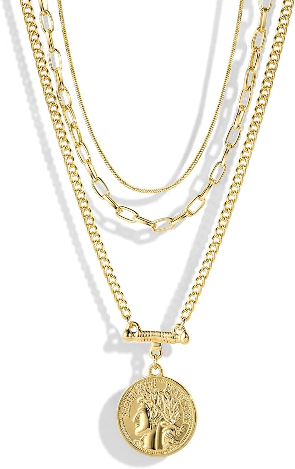 9PCS Gold Layered Chain Necklace for Women Girls, Gold Necklace Set,Y Pendant Necklaces, Pearl Choker Necklace, Chunky Dainty Y2K Goth Lock Coin Butterfly Snake Sun Link Choker Necklace Gold Plated Jewelry style 24 Chain&COIN&BALL