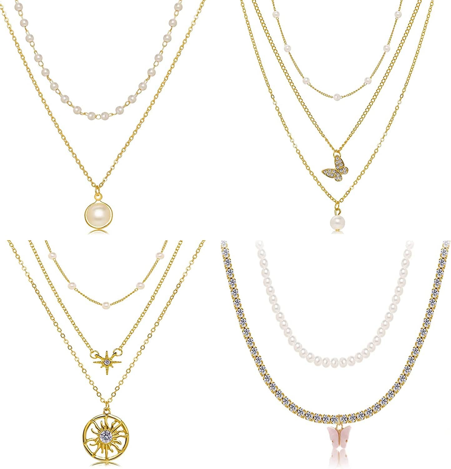 9PCS Gold Layered Chain Necklace for Women Girls, Gold Necklace Set,Y Pendant Necklaces, Pearl Choker Necklace, Chunky Dainty Y2K Goth Lock Coin Butterfly Snake Sun Link Choker Necklace Gold Plated Jewelry 8-style7 Butterfly&Sun&Choker