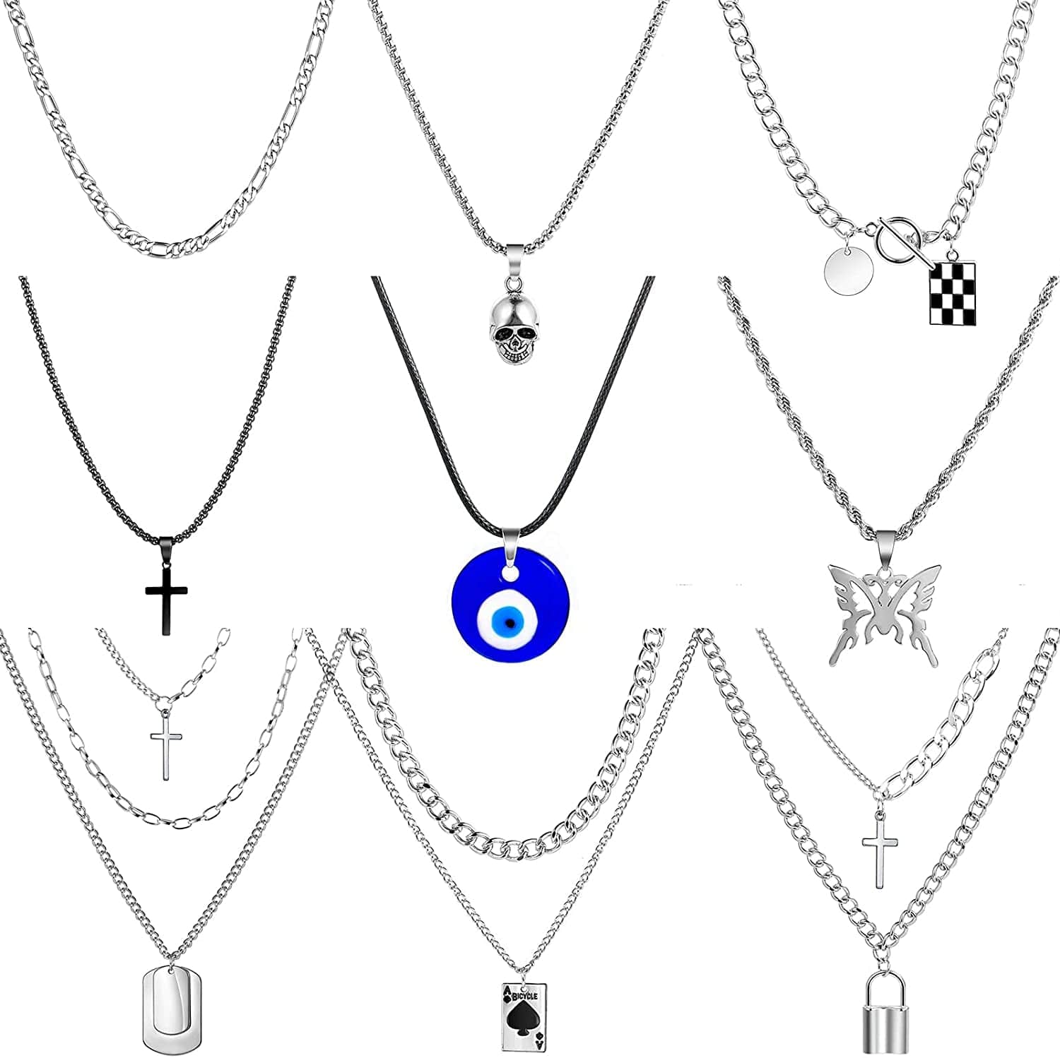 9PCS Gold Layered Chain Necklace for Women Girls, Gold Necklace Set,Y Pendant Necklaces, Pearl Choker Necklace, Chunky Dainty Y2K Goth Lock Coin Butterfly Snake Sun Link Choker Necklace Gold Plated Jewelry 5-style 6 PUNK&Chain&SKULL