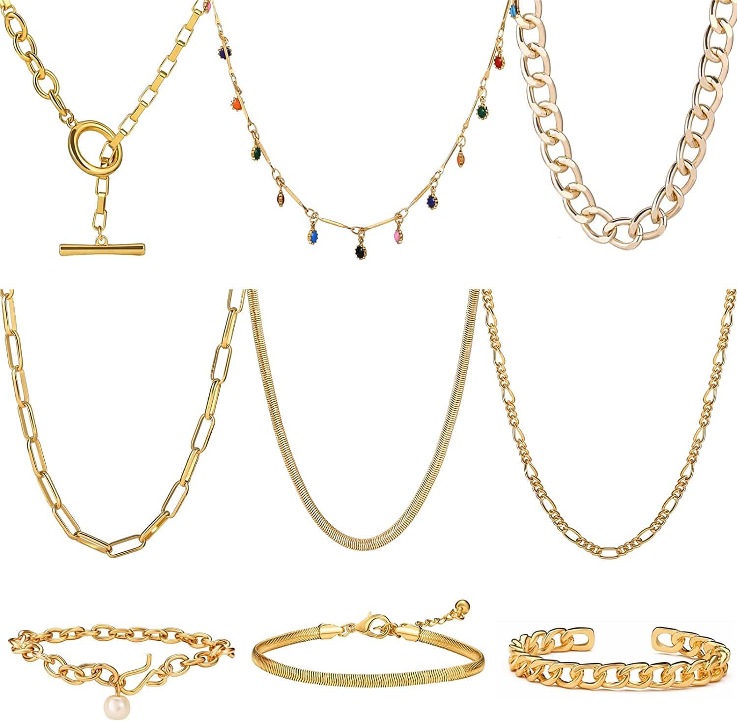 9PCS Gold Layered Chain Necklace for Women Girls, Gold Necklace Set,Y Pendant Necklaces, Pearl Choker Necklace, Chunky Dainty Y2K Goth Lock Coin Butterfly Snake Sun Link Choker Necklace Gold Plated Jewelry 3 style 17Link Chain&Beads&Chain