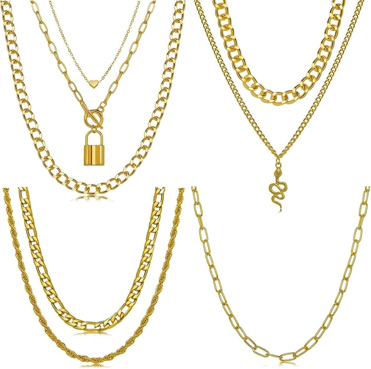 9PCS Gold Layered Chain Necklace for Women Girls, Gold Necklace Set,Y Pendant Necklaces, Pearl Choker Necklace, Chunky Dainty Y2K Goth Lock Coin Butterfly Snake Sun Link Choker Necklace Gold Plated Jewelry 7-style 2 LOCK&SNAKE&CHAIN