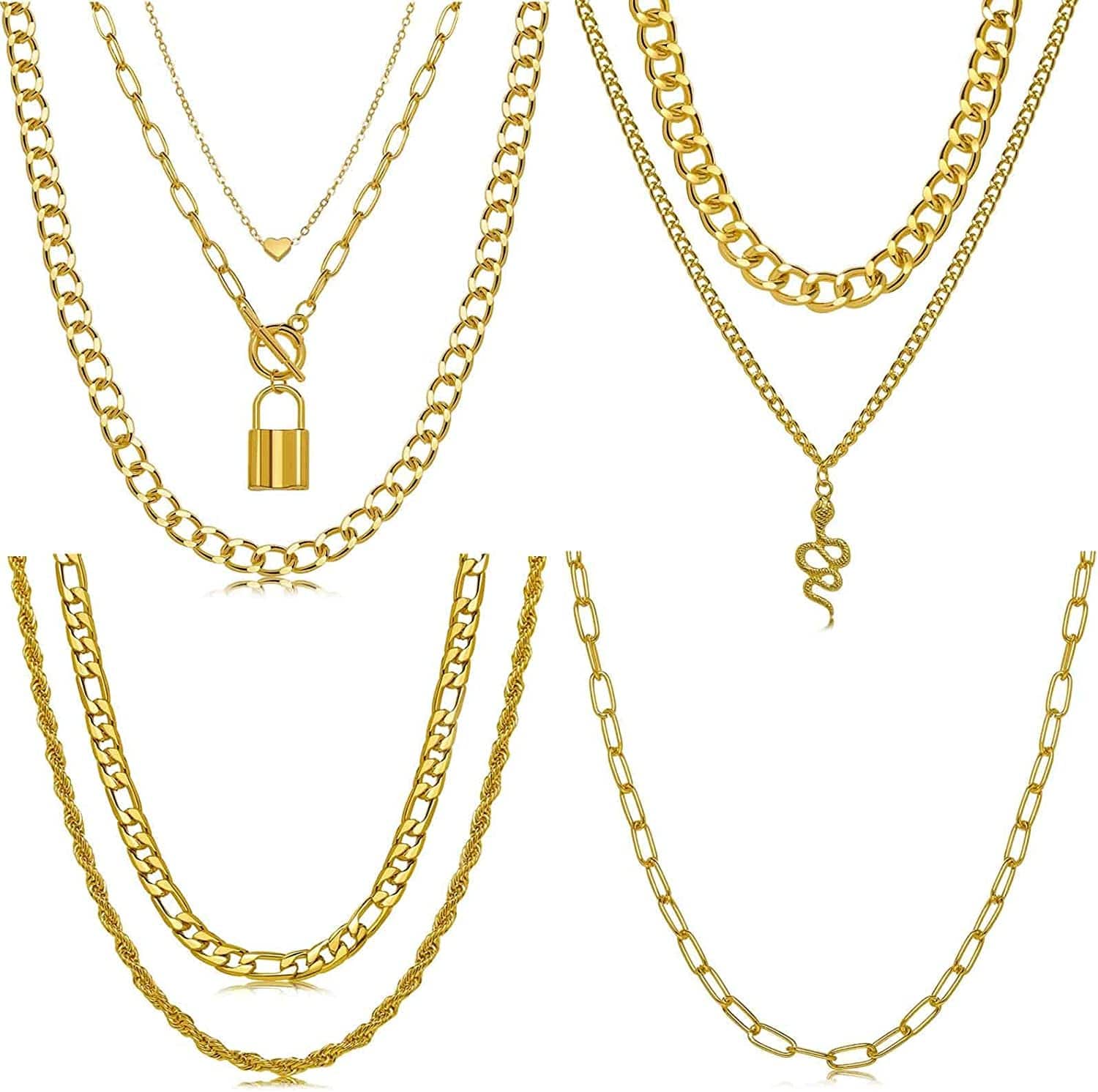 9PCS Gold Layered Chain Necklace for Women Girls, Gold Necklace Set,Y Pendant Necklaces, Pearl Choker Necklace, Chunky Dainty Y2K Goth Lock Coin Butterfly Snake Sun Link Choker Necklace Gold Plated Jewelry 7-style 2 LOCK&SNAKE&CHAIN