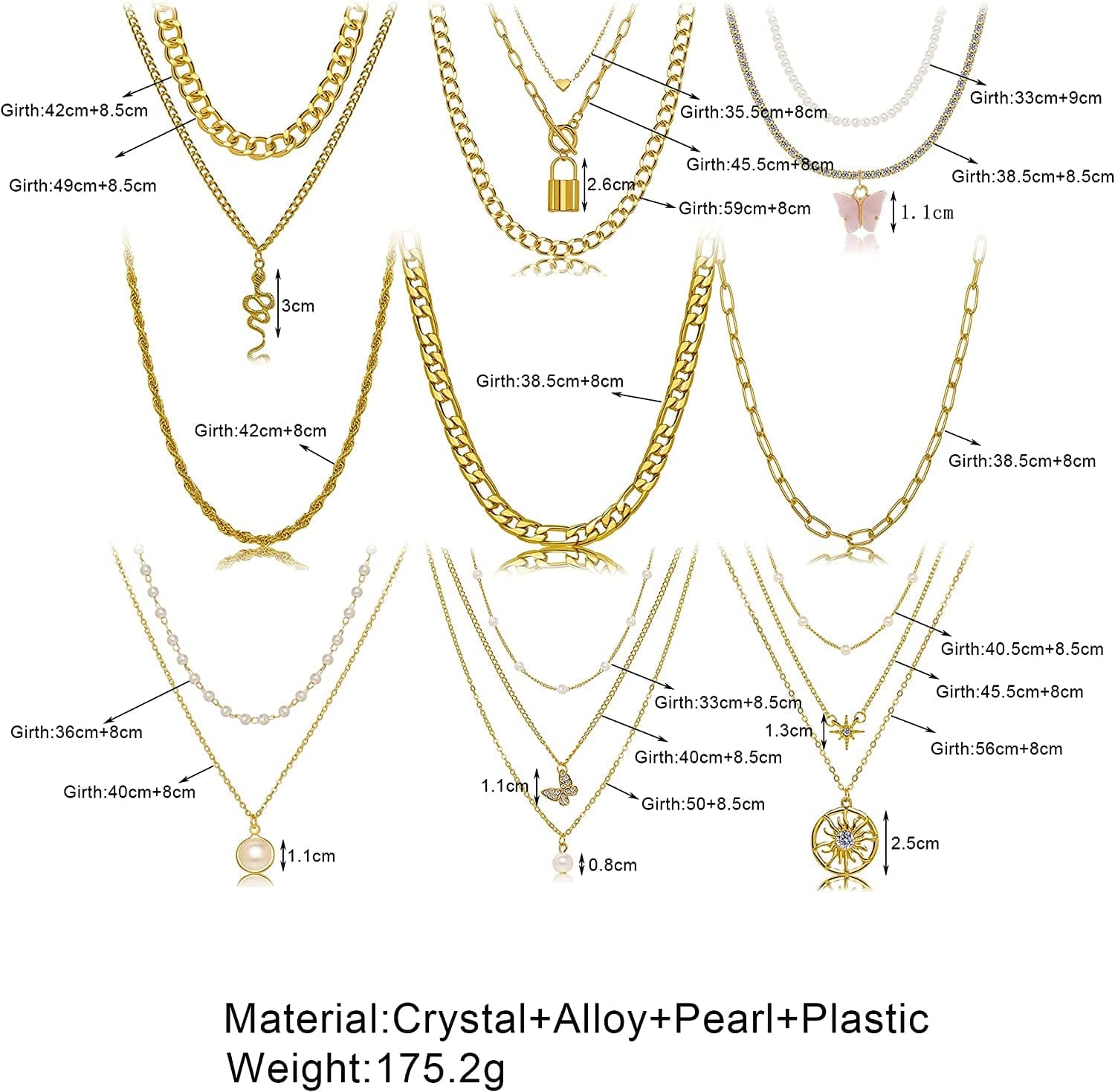 9PCS Gold Layered Chain Necklace for Women Girls, Gold Necklace Set,Y Pendant Necklaces, Pearl Choker Necklace, Chunky Dainty Y2K Goth Lock Coin Butterfly Snake Sun Link Choker Necklace Gold Plated Jewelry