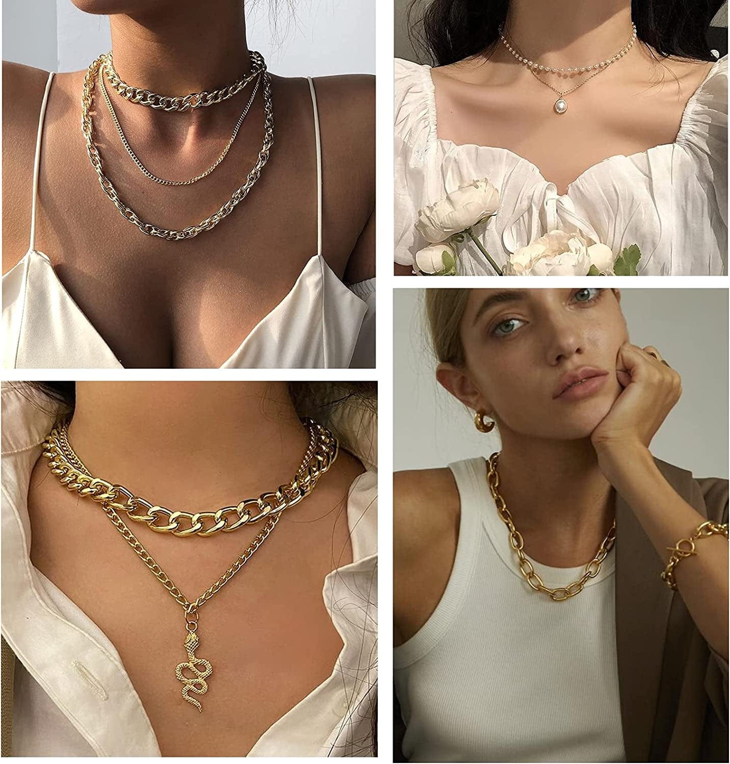 9PCS Gold Layered Chain Necklace for Women Girls, Gold Necklace Set,Y Pendant Necklaces, Pearl Choker Necklace, Chunky Dainty Y2K Goth Lock Coin Butterfly Snake Sun Link Choker Necklace Gold Plated Jewelry