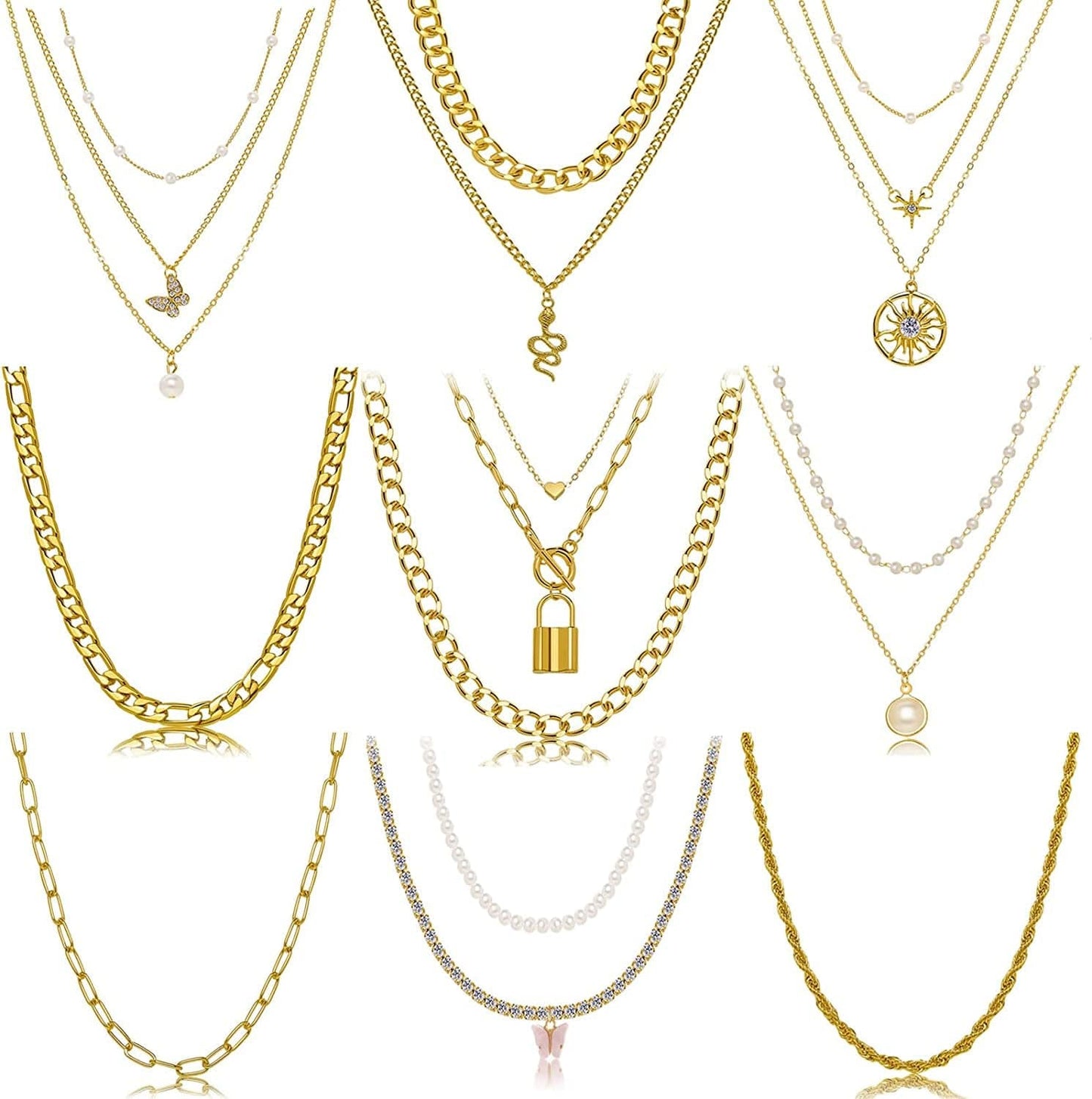 9PCS Gold Layered Chain Necklace for Women Girls, Gold Necklace Set,Y Pendant Necklaces, Pearl Choker Necklace, Chunky Dainty Y2K Goth Lock Coin Butterfly Snake Sun Link Choker Necklace Gold Plated Jewelry 1-style 1 lock & Butterfly & Link Chain & Pearls & Snake