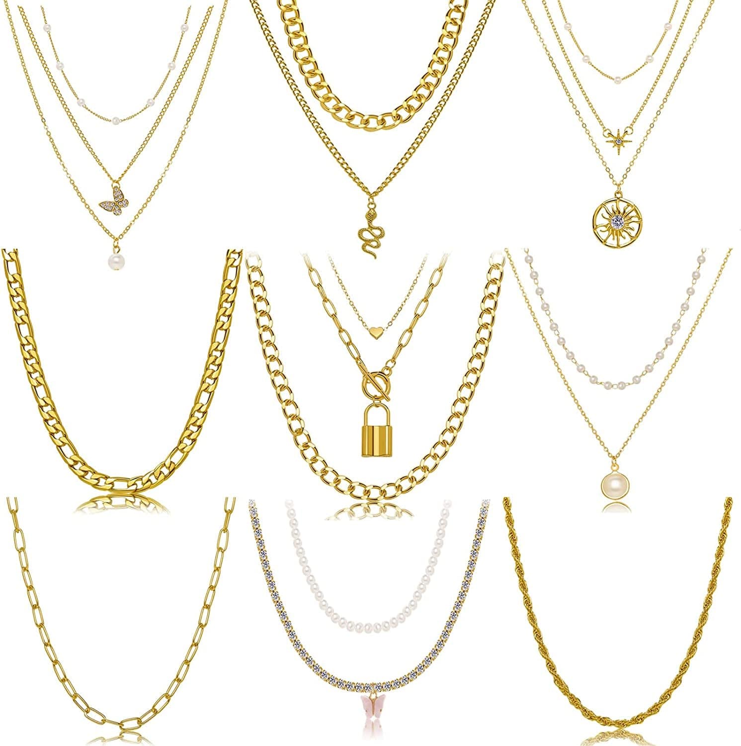 9PCS Gold Layered Chain Necklace for Women Girls, Gold Necklace Set,Y Pendant Necklaces, Pearl Choker Necklace, Chunky Dainty Y2K Goth Lock Coin Butterfly Snake Sun Link Choker Necklace Gold Plated Jewelry 1-style 1 lock & Butterfly & Link Chain & Pearls & Snake