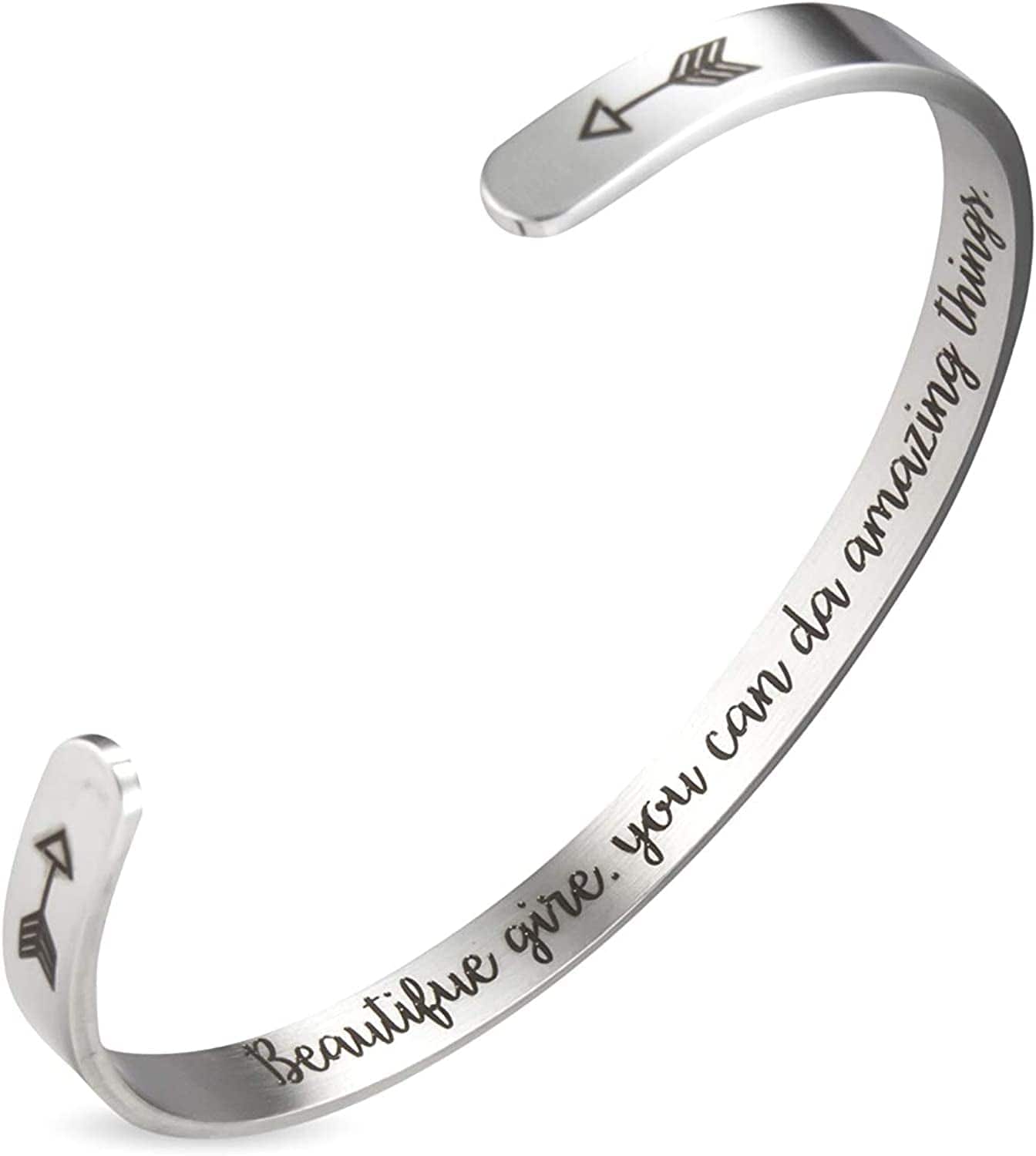 A N Kingpiin Inspirational Bracelets Stainless Steel Cuff Bangle Gifts for Women, Men Teens Girls -Motivational Mantra Quote Inspirational Jewelry for Friendship Encouragement with Gift Box Apparel & Accessories > Jewelry > Bracelets A N KINGPiiN 1 Beautiful girl you can do amazing things