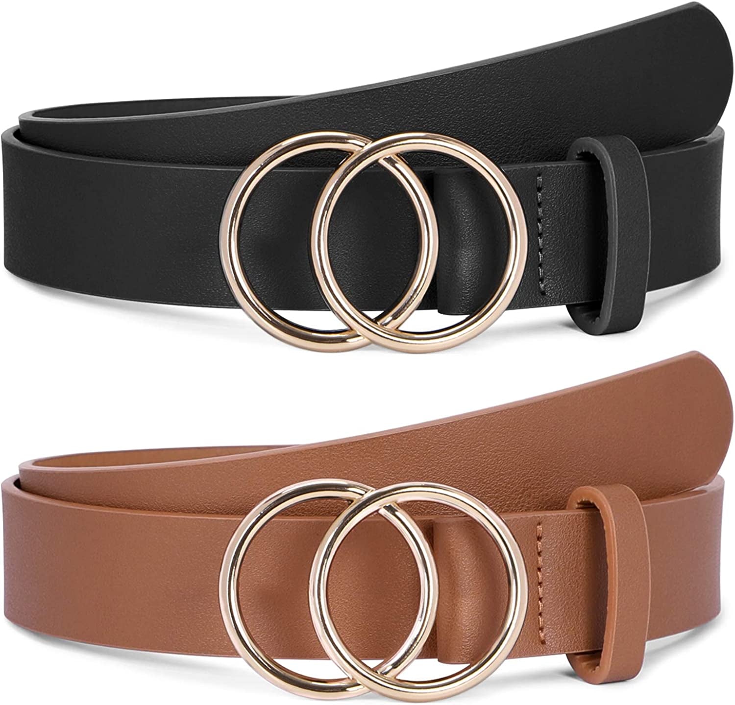 Women Leather Belt Fashion Double O-Ring Soft Faux Leather Waist Belts for Jeans Dress Apparel & Accessories > Clothing Accessories > Belts SUOSDEY I-black+brown XL: 41''-45'' Waist Size