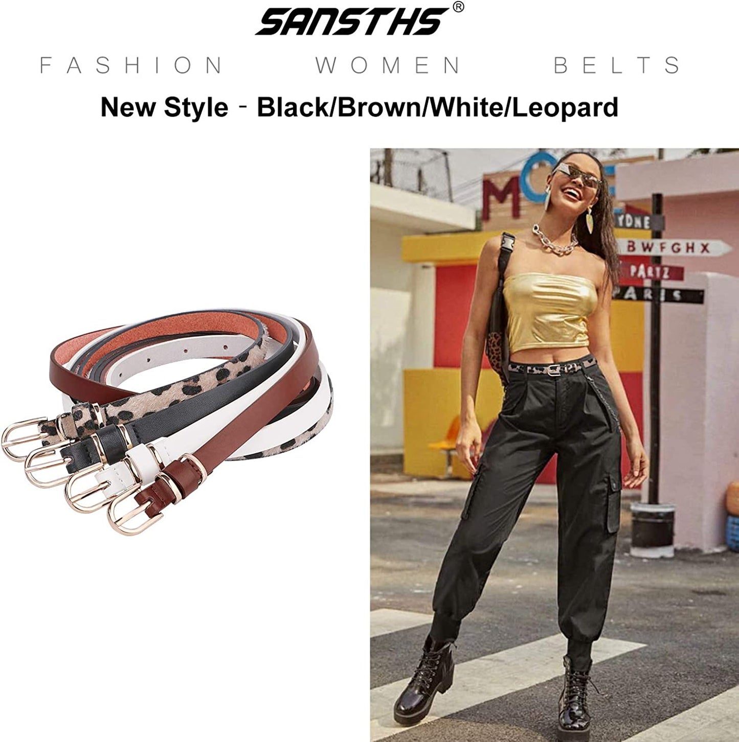 Set of 4 Womens Thin Belts SANSTHS Skinny Leather Belt with Gold Alloy Buckle Apparel & Accessories > Clothing Accessories > Belts SANSTHS