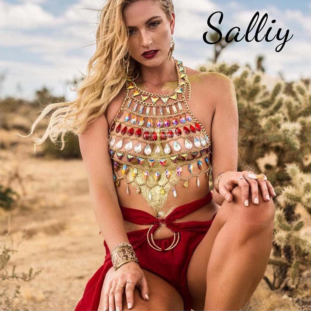 Salliy Boho Body Chain Bra Gold Sexy Rhinestone Bikini Bra Body Halter Backless Sequins Chain Bra Beach Body Accessories Jewelry for Women and Girls (Red) Apparel & Accessories > Jewelry > Body Jewelry Salliy