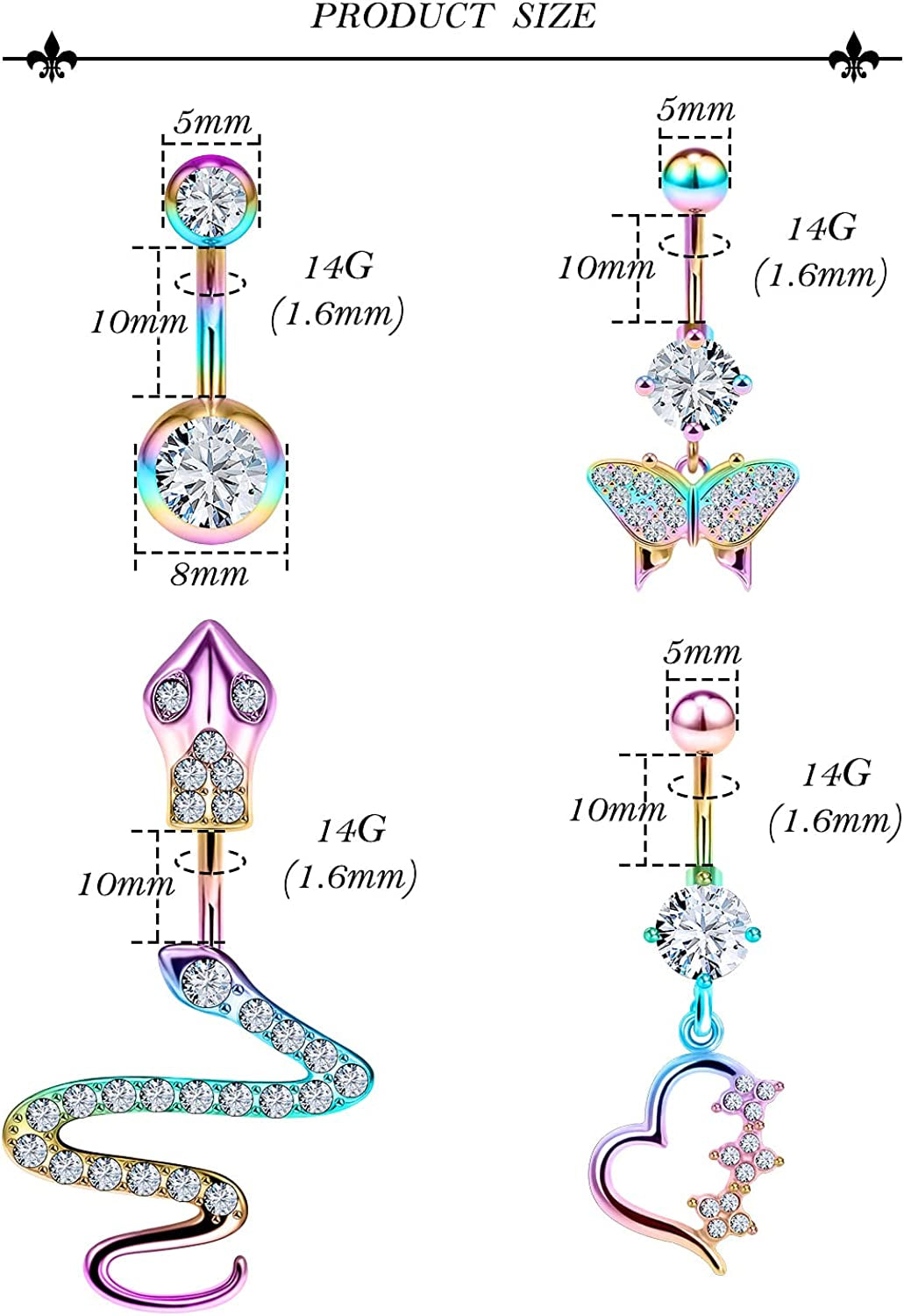 Rksndnn 14G Belly Button Rings Dangle for Women Stainless Steel Belly Rings Belly Piercing Jewelry Snake Reverse Spiral with Clear Cz Navel Rings Belly Button Ring Belly Ring Body Piercing Jewelry Apparel & Accessories > Jewelry > Rings Generic