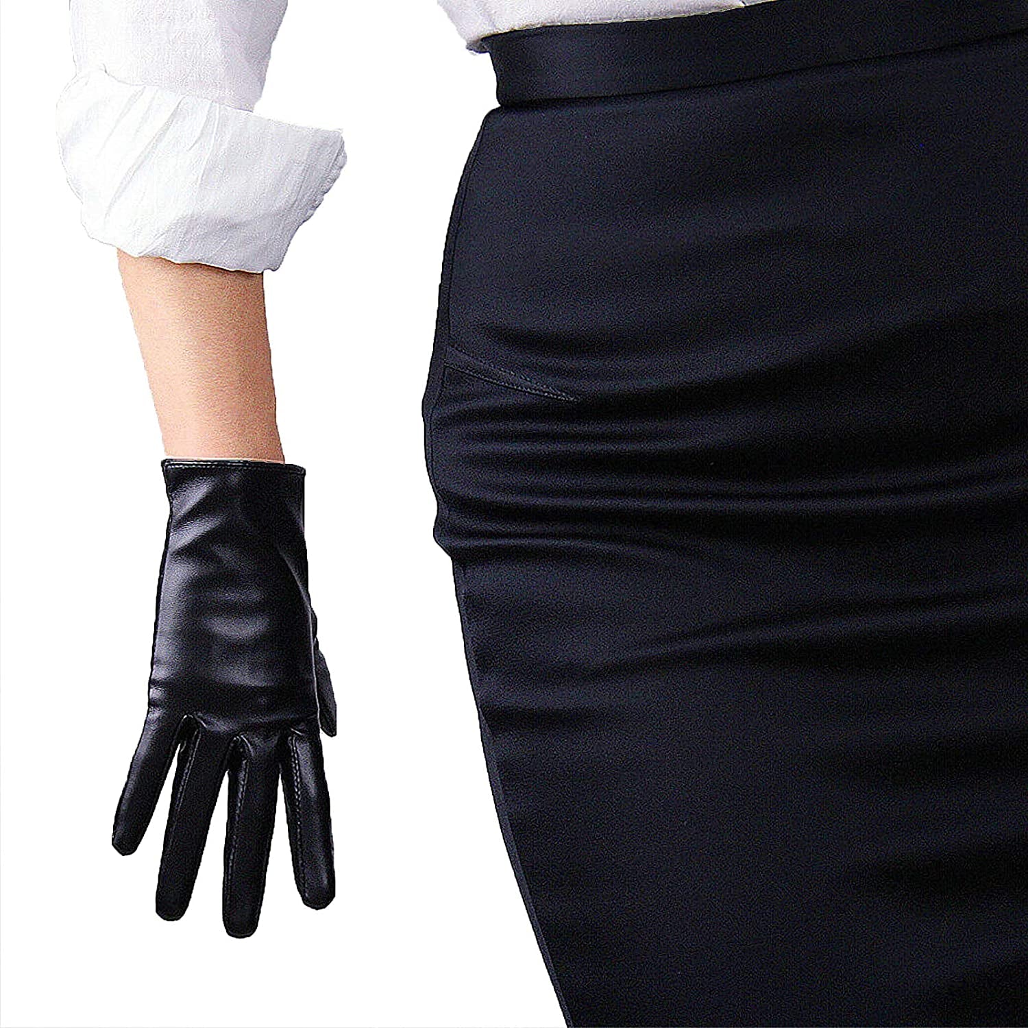 Dooway Women'S Short Dress Leather Gloves for Evening Costumes Daily Faux Leather PU 21Cm Apparel & Accessories > Clothing Accessories > Gloves & Mittens DooWay Black- Tech