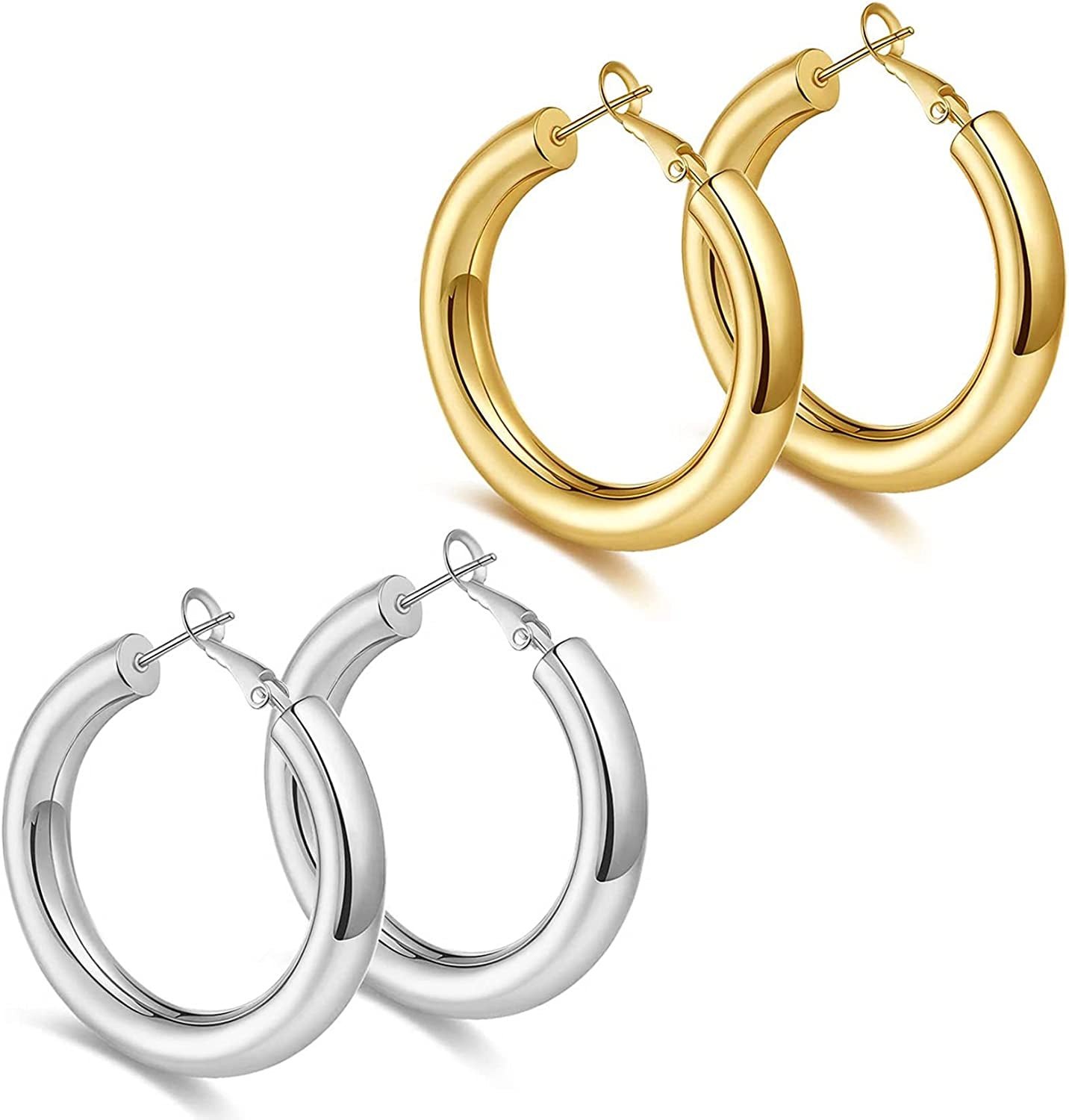 Thick Gold Hoop Earrings Lightweight Howllow Tube Hoops Chunky Gold for Women Hypoallergenic Big Earring 25Mm 30Mm 40Mm 50Mm Apparel & Accessories > Jewelry > Earrings BMMYE Gold+Silver-40mm