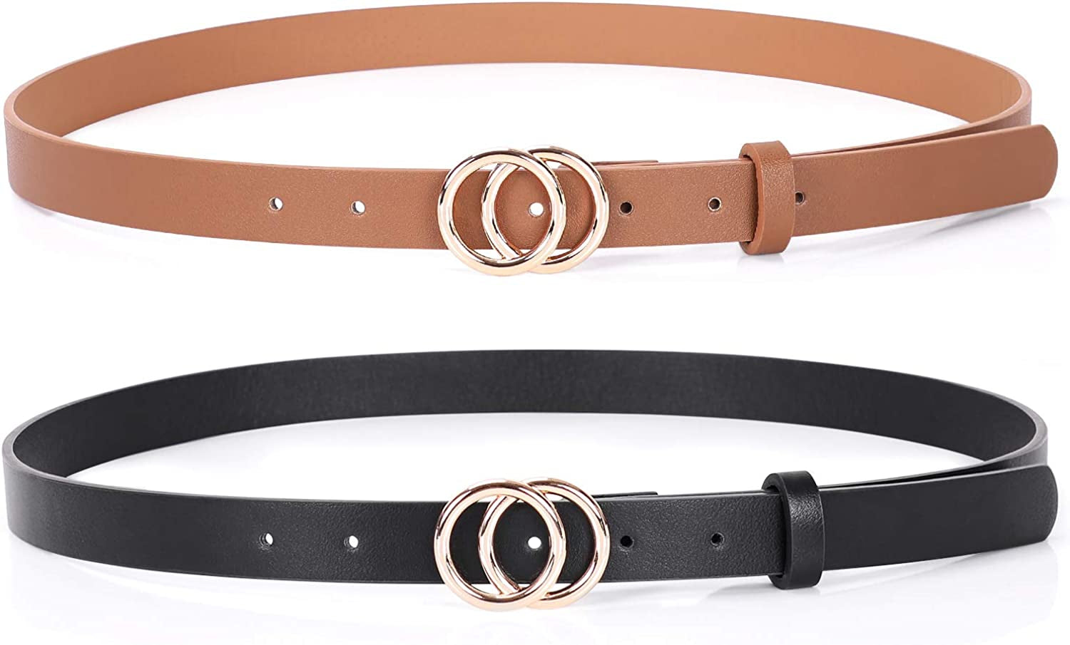 Double Ring Leather Belts for Women SANSTHS O-Style Gold Buckle Skinny Dress Belt 0.86 Inch Width for Jeans Pants Apparel & Accessories > Clothing Accessories > Belts SANSTHS B-gold Buckle Black + Gold Buckle Brown Fit Pants Size 33-38Inch