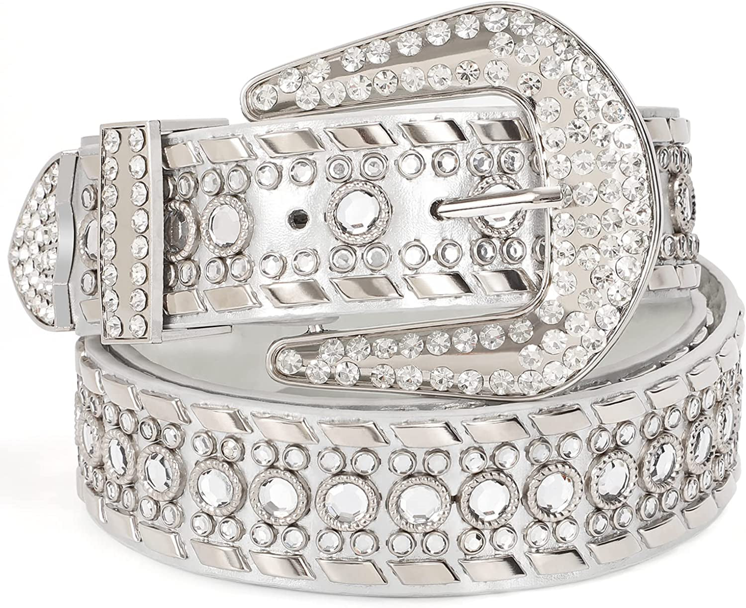 Rhinestone Belt for Men Women SUOSDEY Western Cowboy Cowgirl Bling Studded Leather Belt for Jeans Pants Apparel & Accessories > Clothing Accessories > Belts SUOSDEY 06-silver L: fits pants size 38”-42”