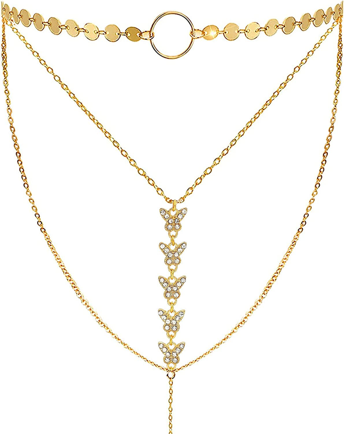 Suyi Stylish Layered Sequins Choker Necklace with Thin Long Chain Pendant for Women Lady Girl Apparel & Accessories > Jewelry > Necklaces Suyi Crystal Butterfly Gold