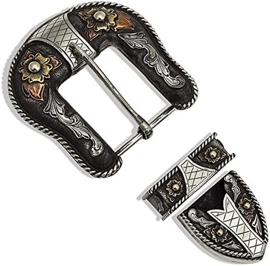 Montana Silversmiths Western 3 Piece Belt Buckle Set, Keeper Loop, Belt Tip (Black and Silver Floral) Apparel & Accessories > Clothing Accessories > Belt Buckles Montana Silversmiths
