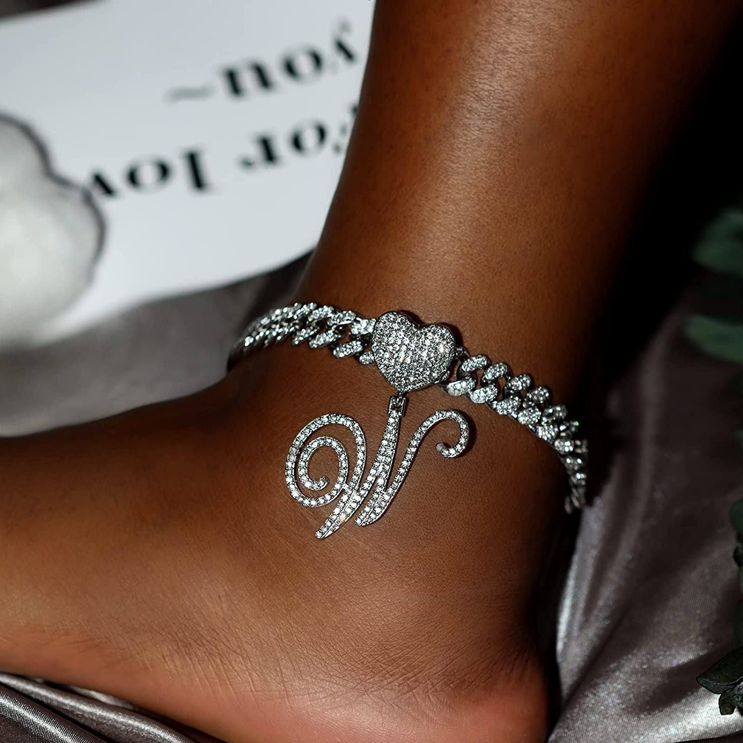 KKJTDS 13Mm Silver Cuban Link Anklets for Women Cursive Pendant Miami Cuban Link Chain Ankle Bracelets for Women Hip Hop Iced Out Letter Chain Anklet Apparel & Accessories > Jewelry > Anklets KKJTDS