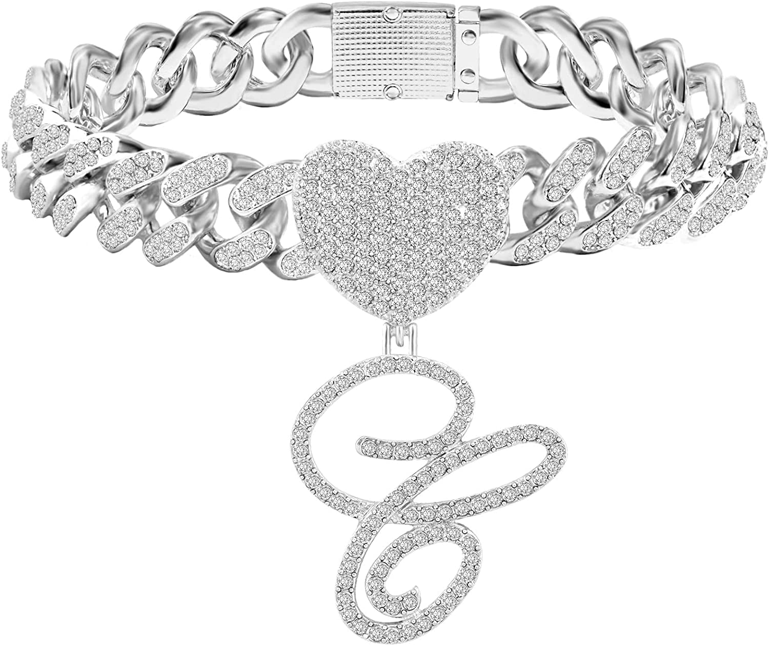 KKJTDS 13Mm Silver Cuban Link Anklets for Women Cursive Pendant Miami Cuban Link Chain Ankle Bracelets for Women Hip Hop Iced Out Letter Chain Anklet Apparel & Accessories > Jewelry > Anklets KKJTDS C