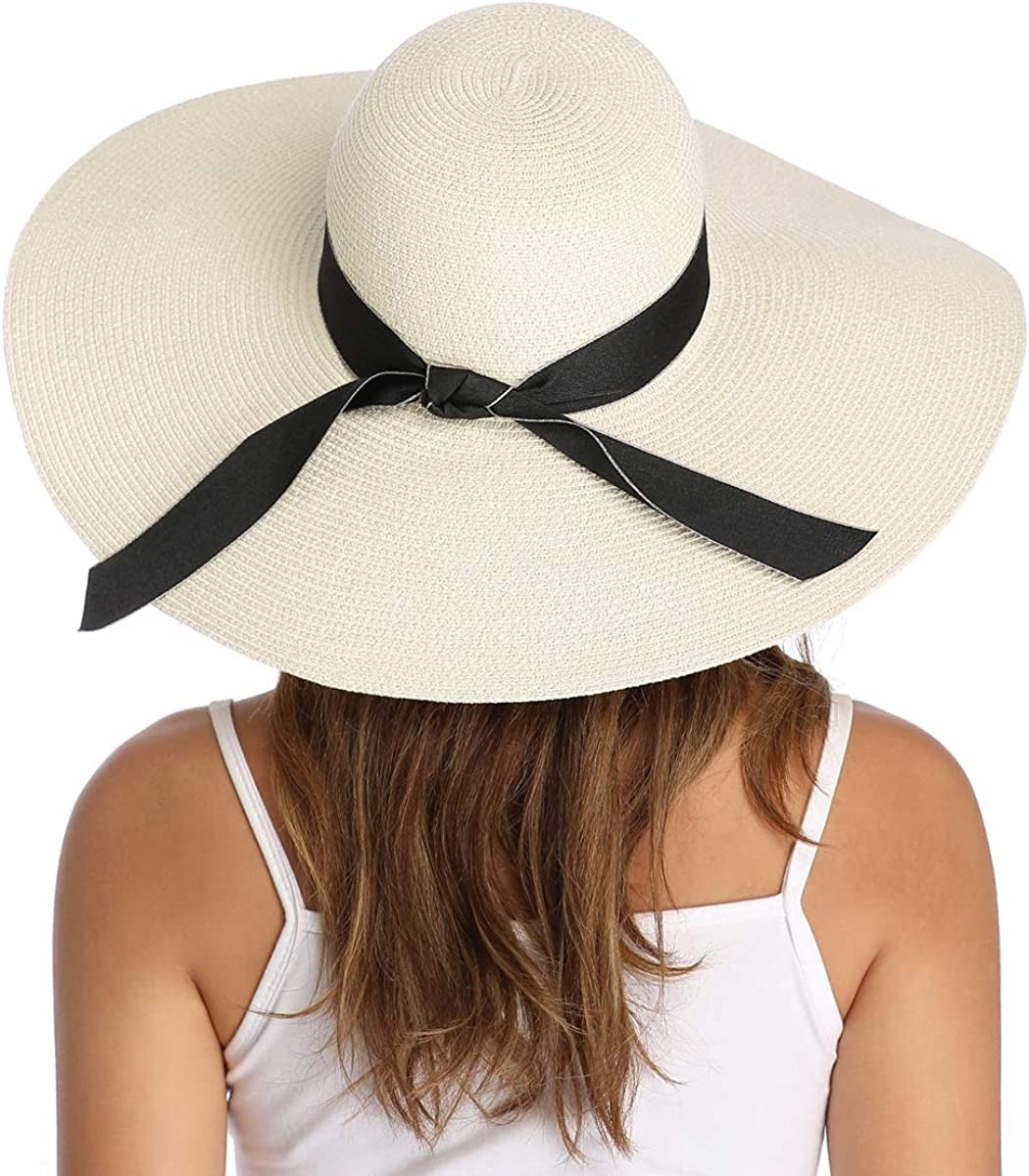 Lanzom Womens Wide Brim Straw Hat Big Floppy Foldable Roll up Cap Beach Sun Hat UPF 50+ Apparel & Accessories > Clothing Accessories > Hats Lanzom Bowknot-ivory White One Size
