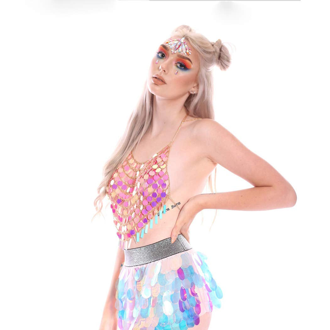 Jeweky Boho Sequins Bra Chain Pink Nightclub Rave Body Chains Sexy Beach Bikini Body Accessories Jewelry for Women and Girls Apparel & Accessories > Jewelry > Body Jewelry Artist Unknown