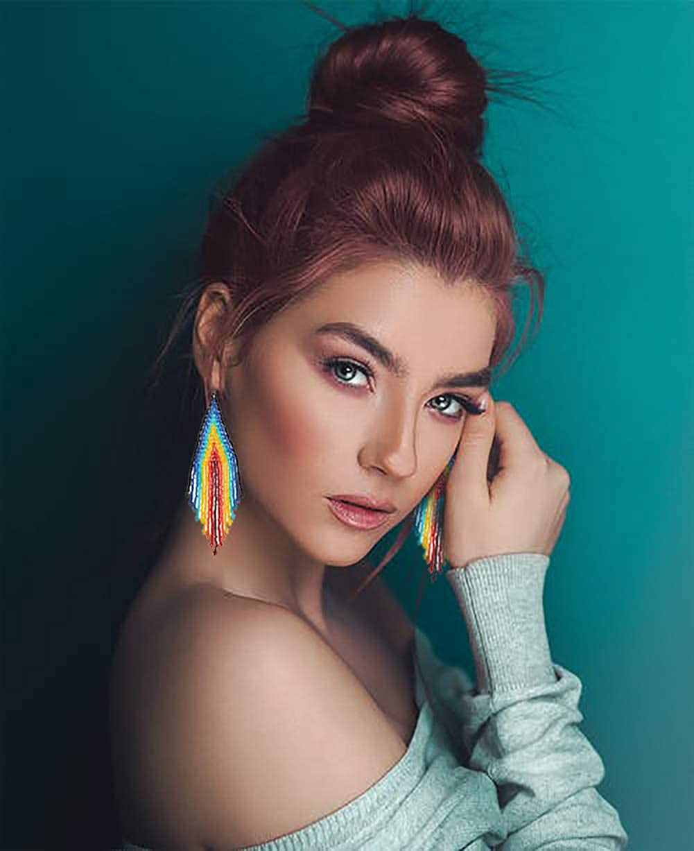 Long Beaded Tassel Earrings - Bohemian Fringe Drop Earrings Rainbow, Seed Bead Tribal Dangle Earrings, Pendientes De Borla, Gift Idea for Women, Girls, Valentine Apparel & Accessories > Jewelry > Earrings UNIQFAVOR