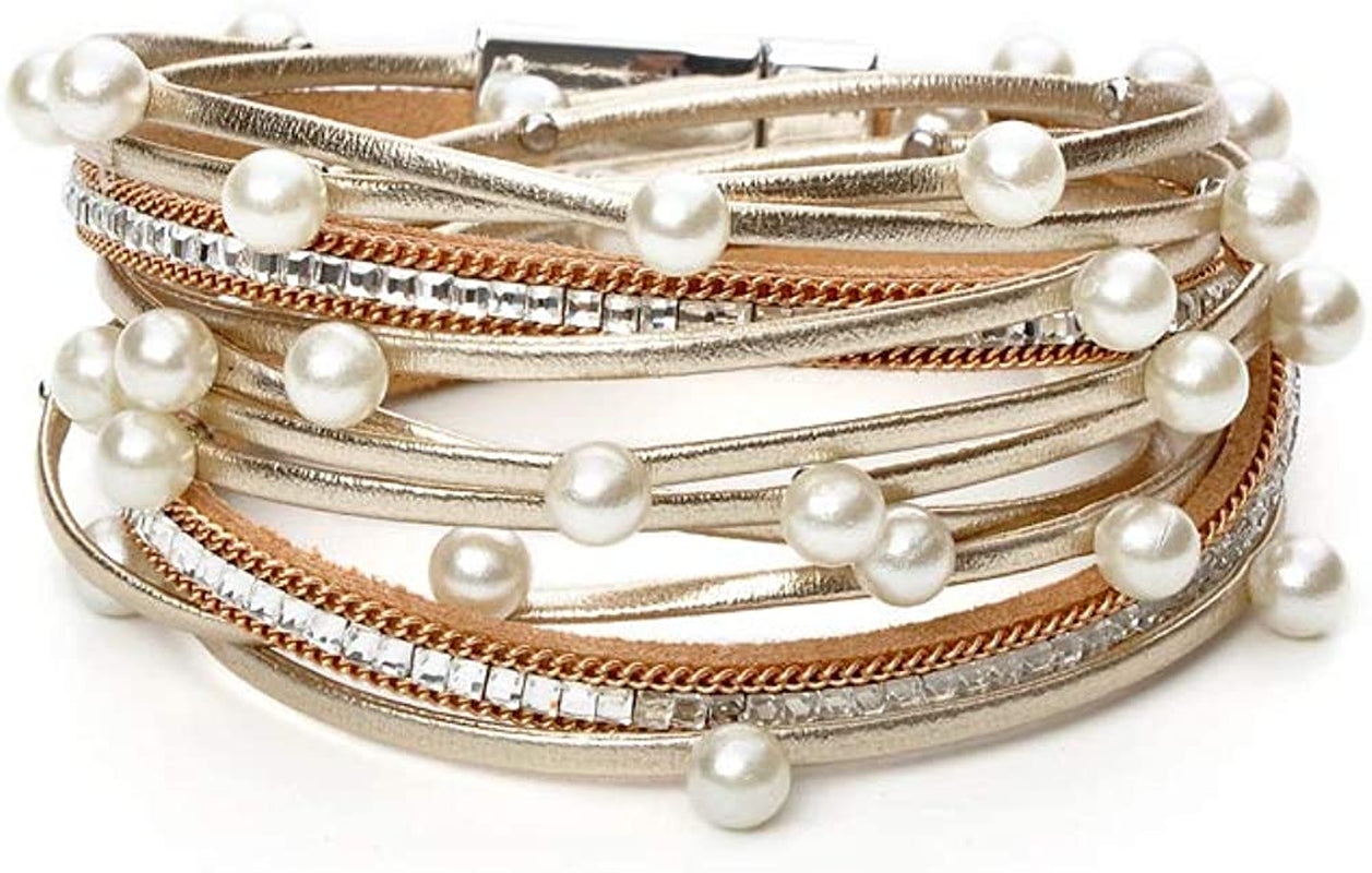 Fesciory Leopard Bracelet for Women Wrap Multi-Layer Leather Bracelet Magnetic Clasp Cuff Bangle Jewelry Apparel & Accessories > Jewelry > Bracelets Fesciory B16-Gold Pearl