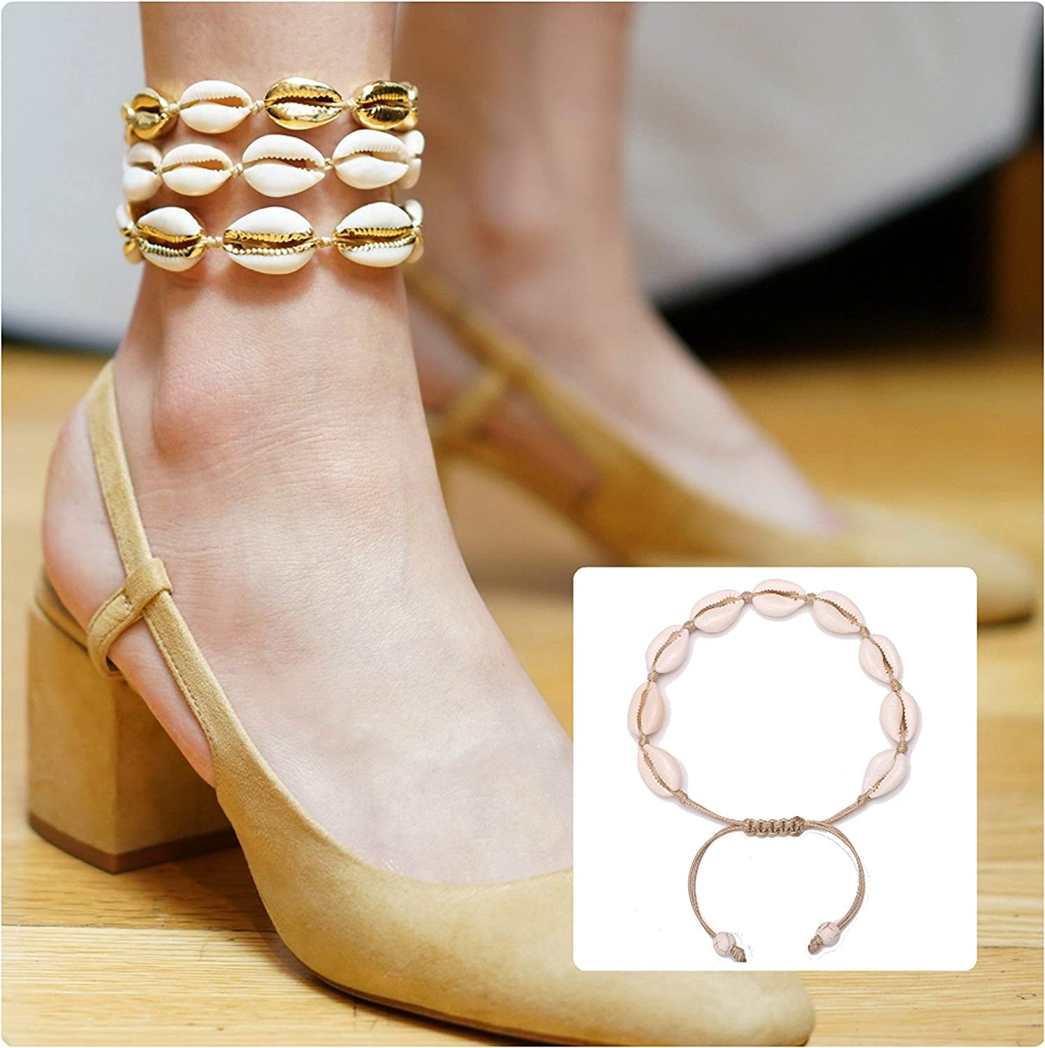 POTESSA Natural Cowrie Beads Shell Anklet Bracelet Handmade Beach Foot Jewelry Hawaiian Jamaican Style Adjustable for Women Unisex Apparel & Accessories > Jewelry > Anklets POTESSA