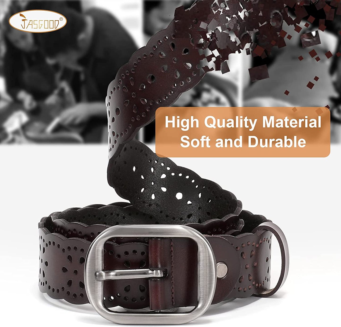JASGOOD Women'S plus Size Belt, Hollow Flower Leather Belt for Jeans Pants Wide Belt with Metal Buckle Apparel & Accessories > Clothing Accessories > Belts KYLIE MAX