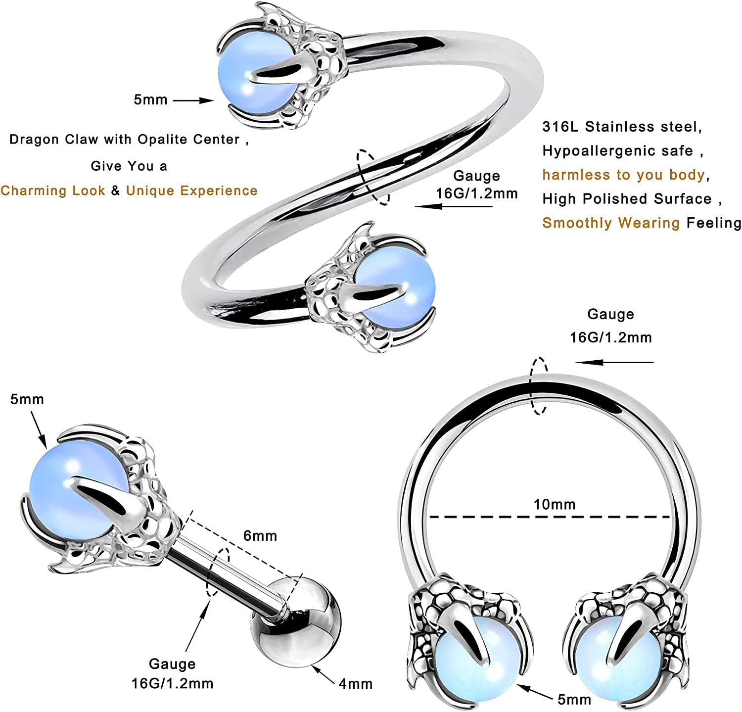 OUFER 3PCS Cartilage Earrings, 316L Surgical Steel Mixed Earrings with Dragon Claw Twist Helix Earring Ear Body Piercing Jewelry Tragus Earring Apparel & Accessories > Jewelry > Earrings OUFER
