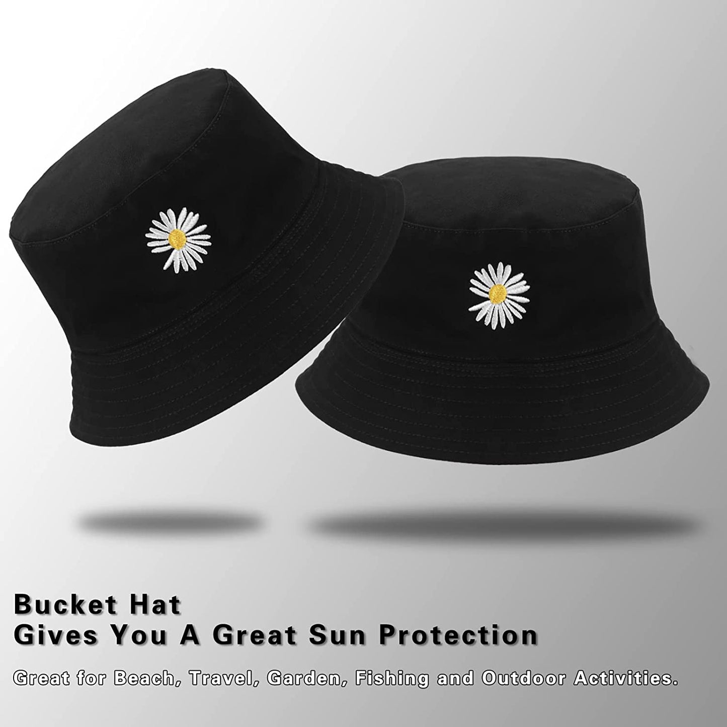 Bucket Hat - Unisex Black Bucket Hat for Women, Travel Beach Fisherman Summer Cap, Sun Protection Windproof Beach Bucket Hats for Men Teens Kids, Flower Embroidery Apparel & Accessories > Clothing Accessories > Hats clubone