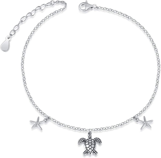 S925 Sterling Silver Sea Turtle Starfish Adjustable Anklets Foot Chain Jewelry Ankle Bracelet for Women Apparel & Accessories > Jewelry > Anklets ACJNA