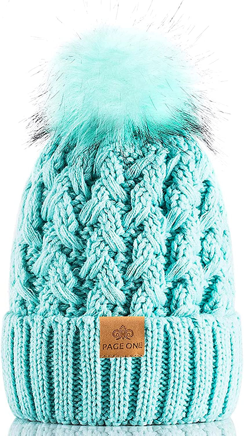 PAGE ONE Womens Winter Ribbed Beanie Crossed Cap Chunky Cable Knit Pompom Soft Warm Hat Apparel & Accessories > Clothing Accessories > Hats PAGE ONE Mint